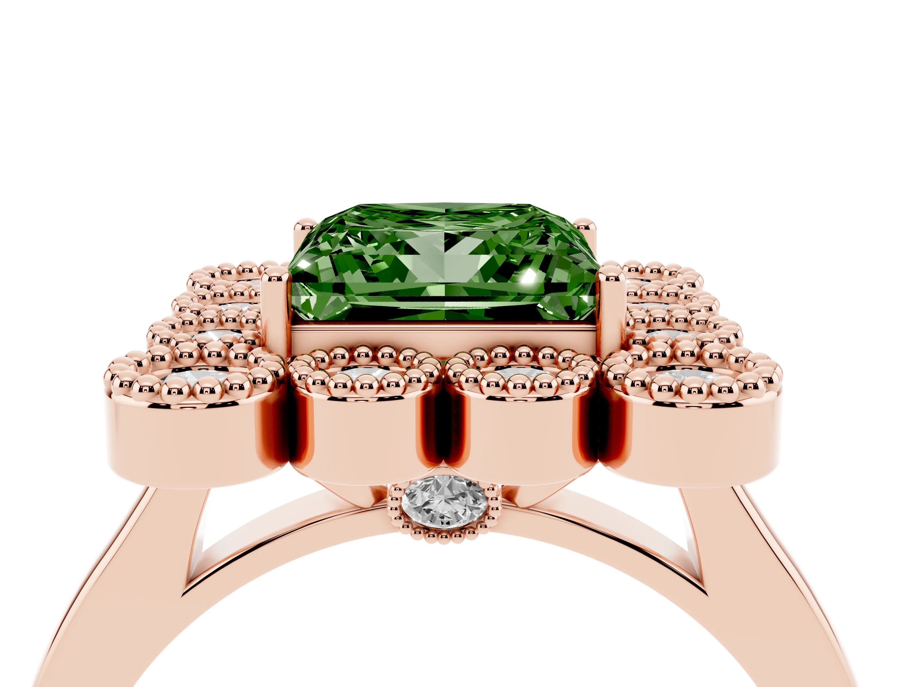 Fancy Green Princess Cut Diamond Cluster Halo Ring Set in Rose gold with Milgrain Bezel Accents and Plain Band