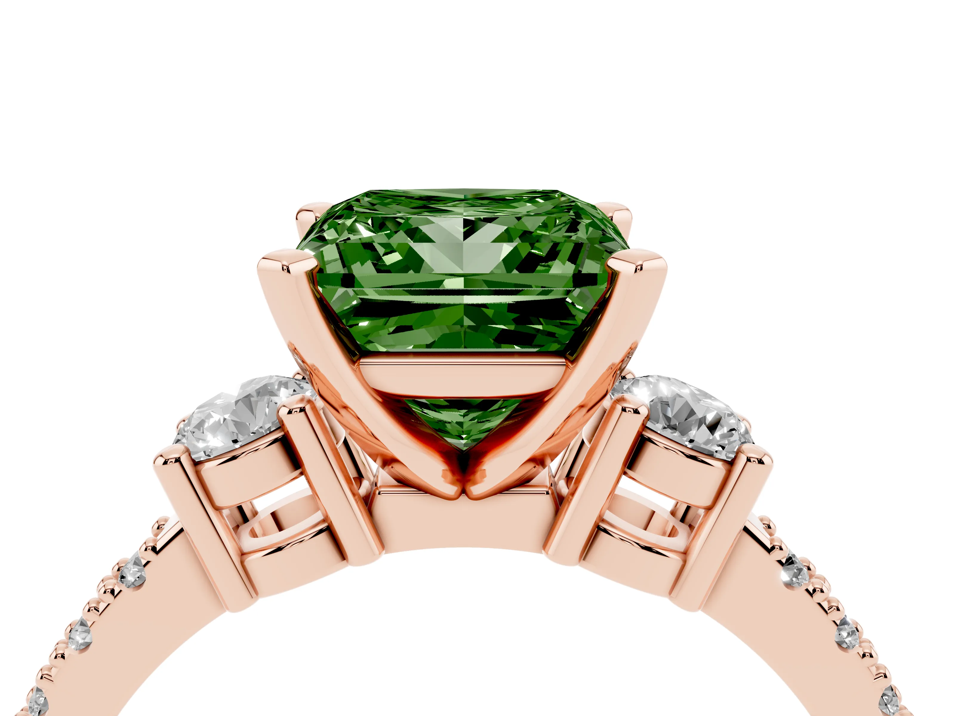Fancy Green Three-Stone Princess Cut Diamond Pavé Band Ring Set in Rose gold with Prong Setting
