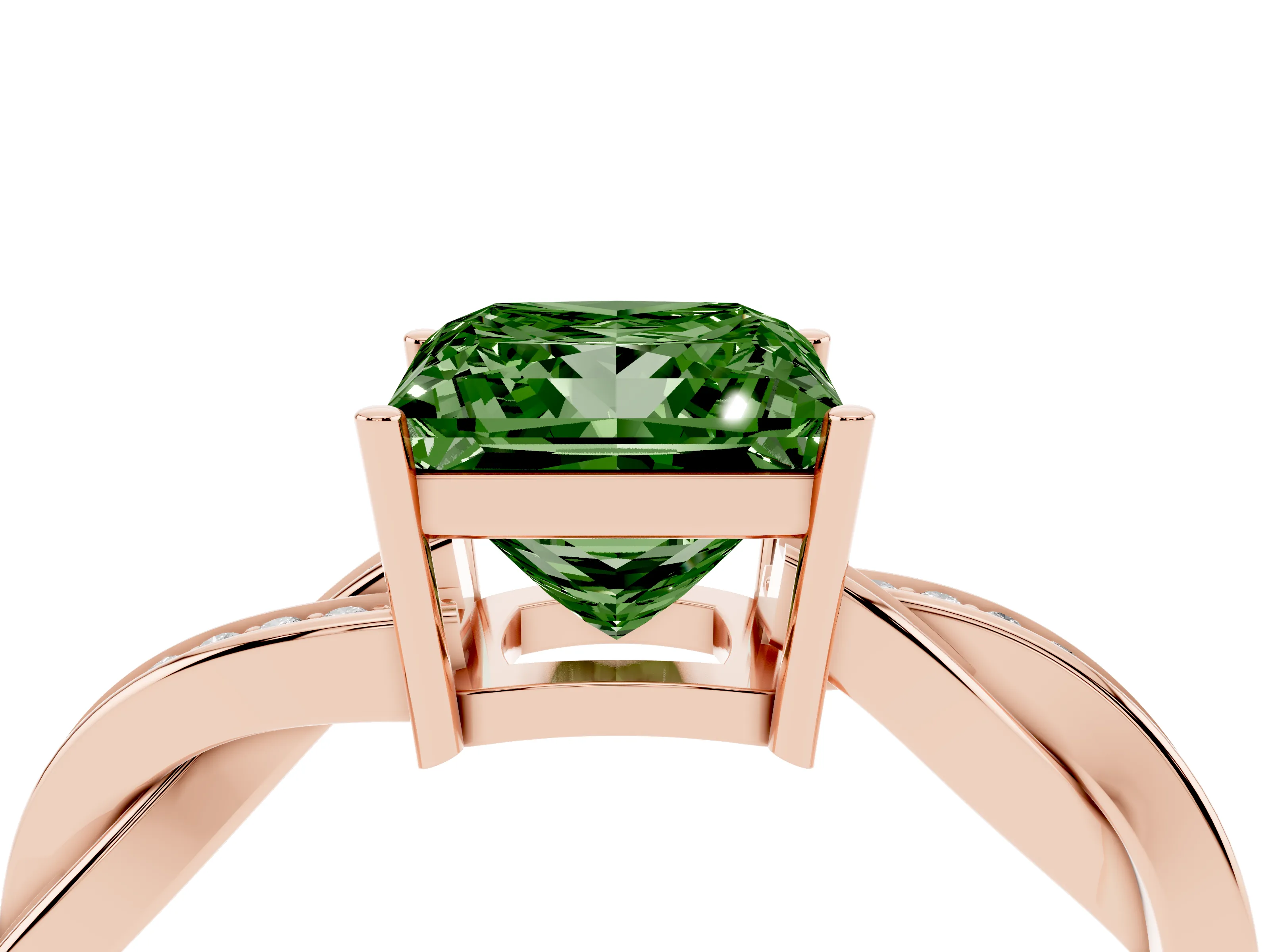 Fancy Green Princess Cut Diamond Solitaire Twisted Pavé Ring Set in Rose gold with Prong Setting