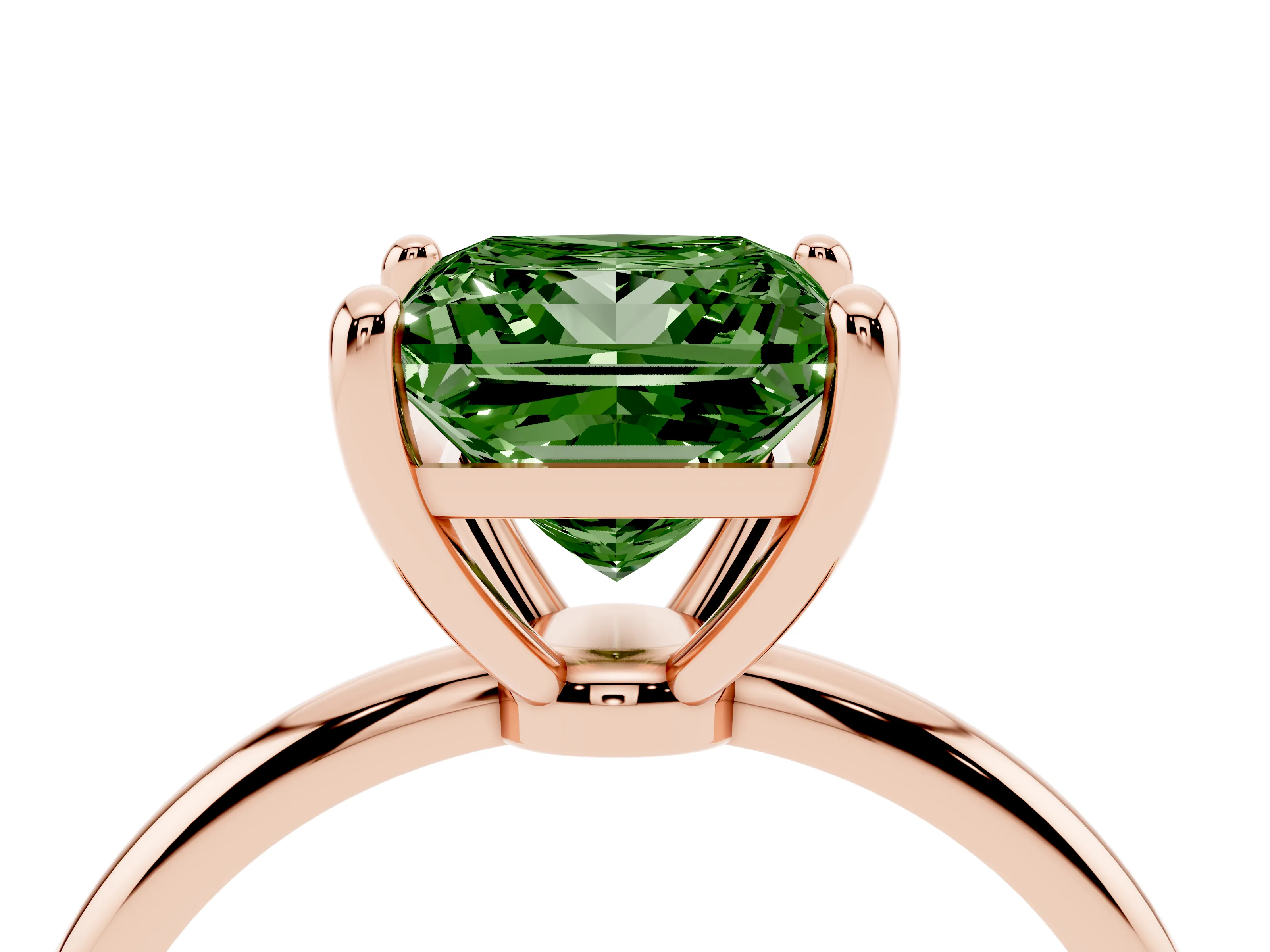 Fancy Green Princess Cut Diamond Solitaire Ring Set in Rose gold with Secure Prong Setting on a Classic Band