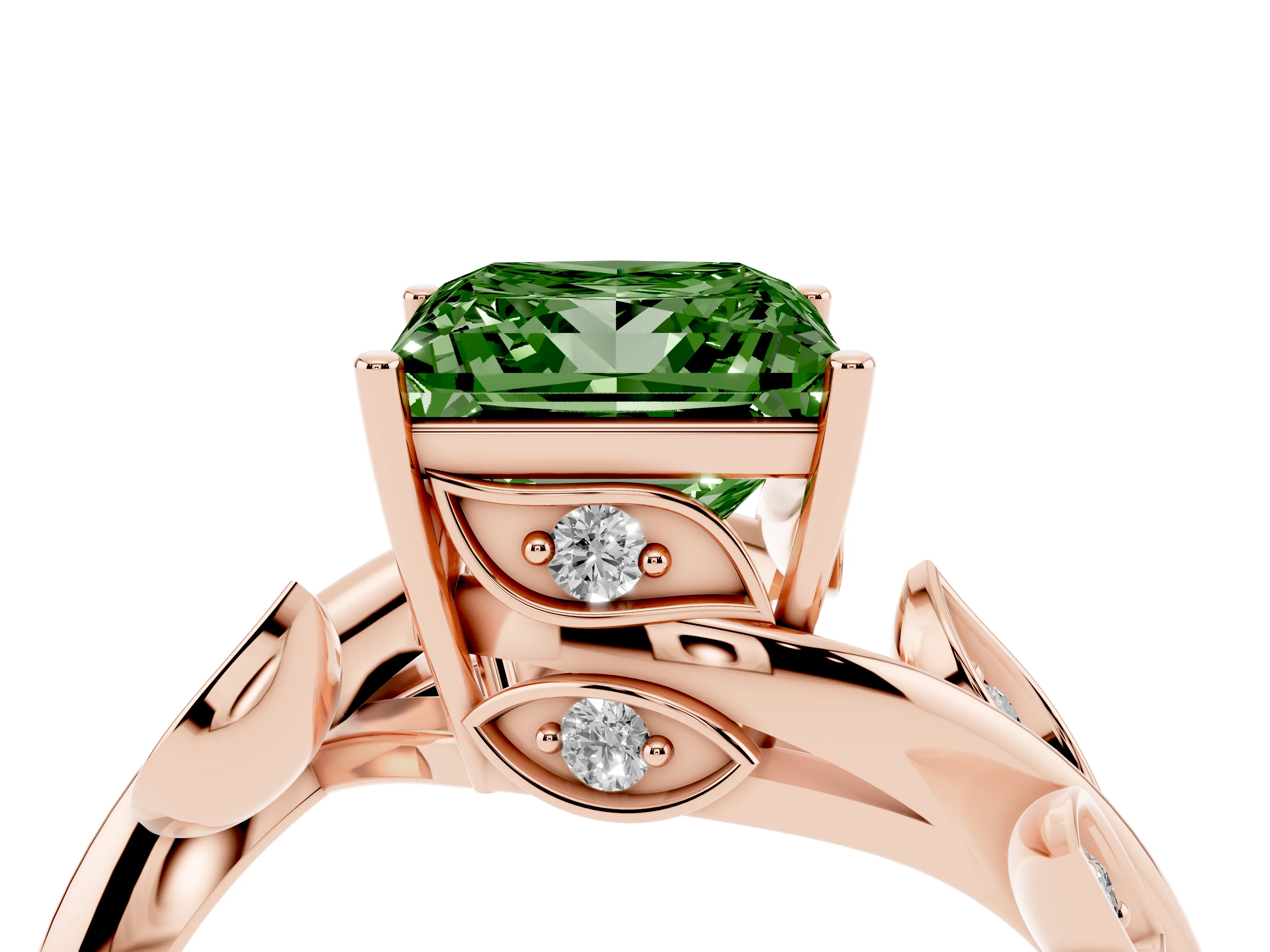Fancy Green Princess Cut Diamond Solitaire Twist Engagement Ring Set in Rose gold with Pavé Leaf Accents