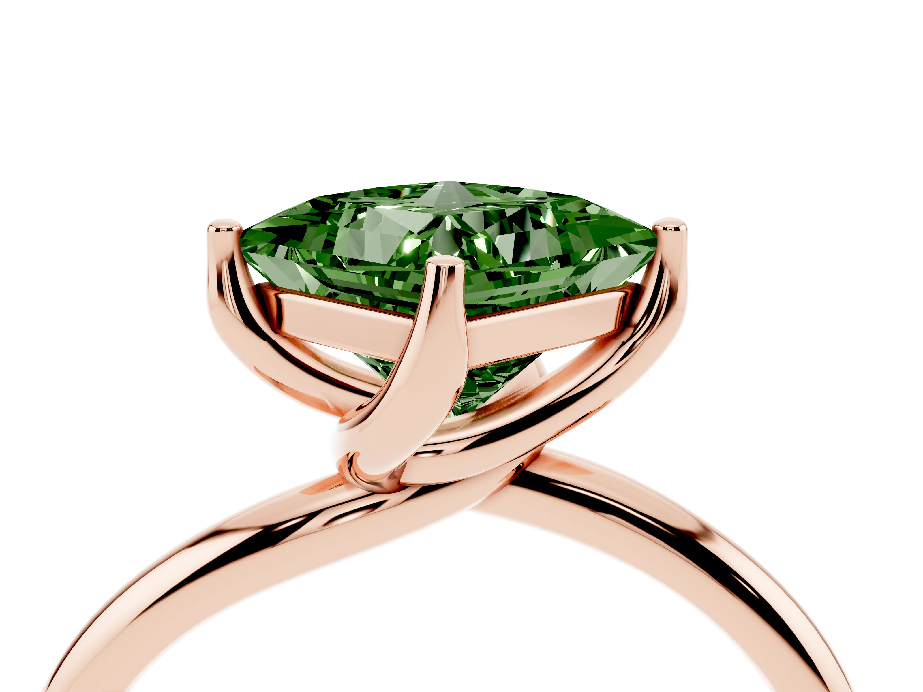 Fancy Green Princess Cut Diamond Solitaire Engagement Ring Set in Rose gold with Classic Plain Band