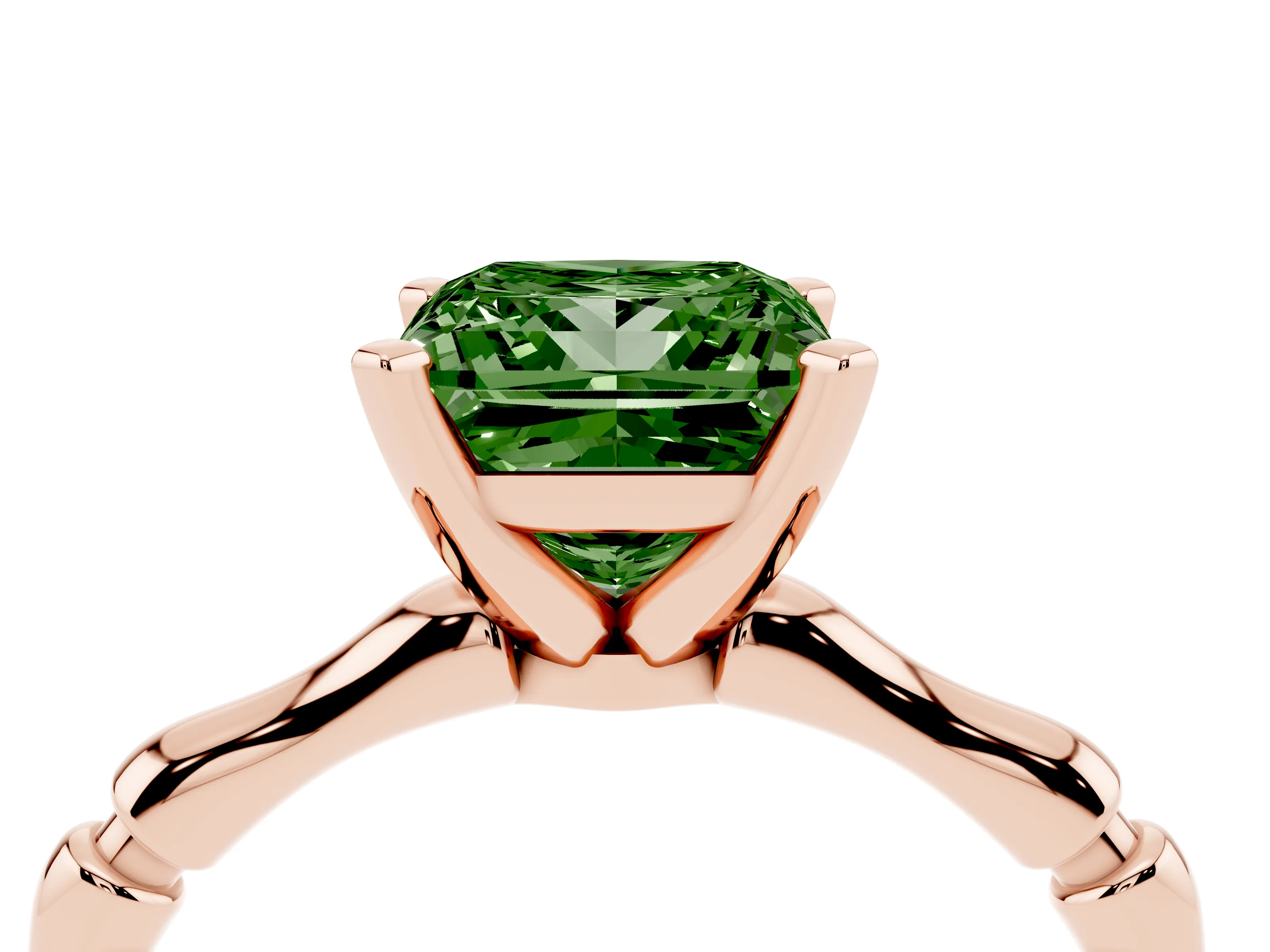 Fancy Green Princess Cut Diamond Solitaire Ring Set in Rose gold with Bamboo Band and Prong Setting