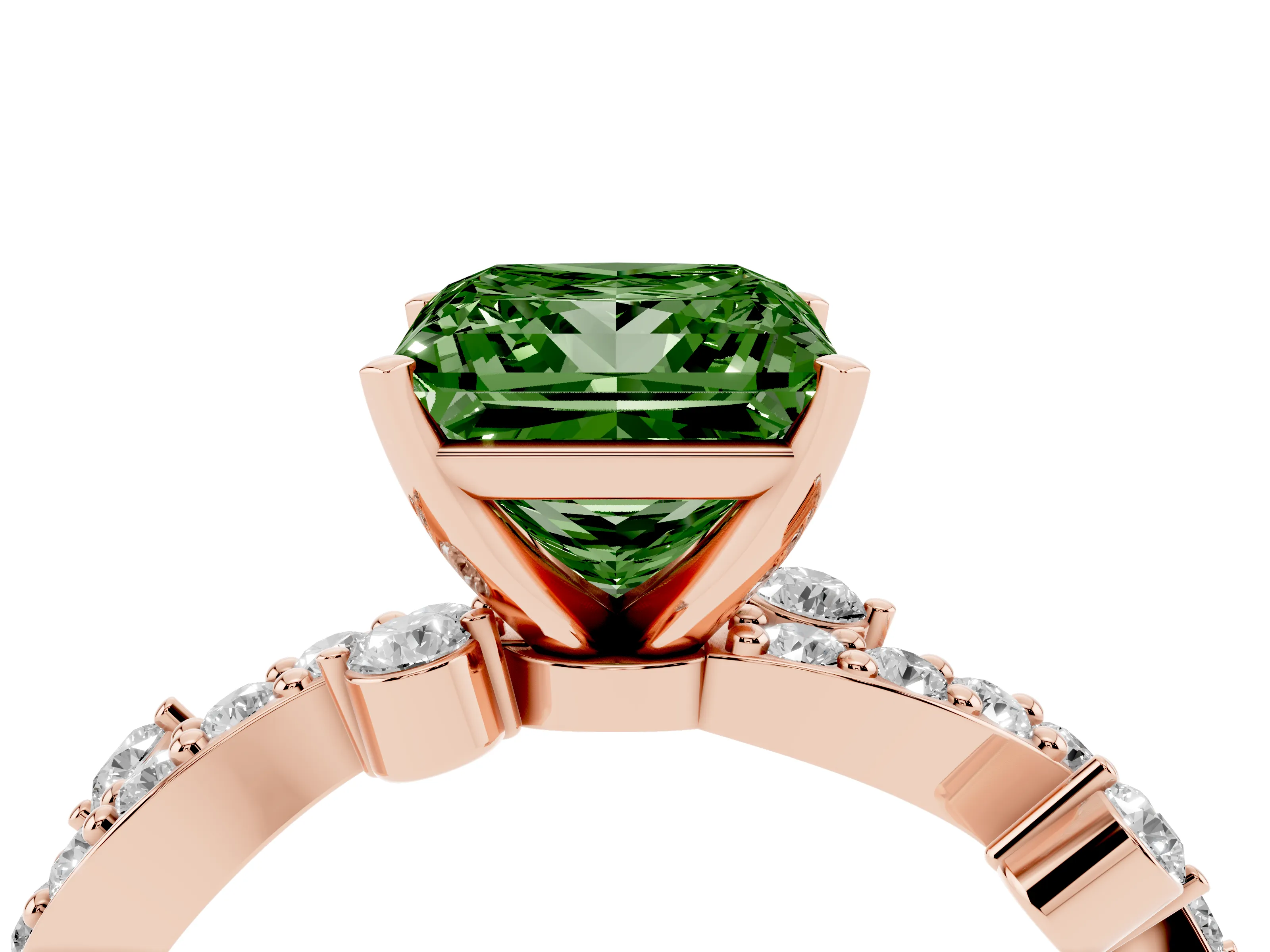 Fancy Green Princess Cut Diamond Solitaire Twisted Band Set in Rose gold with Pavé Setting