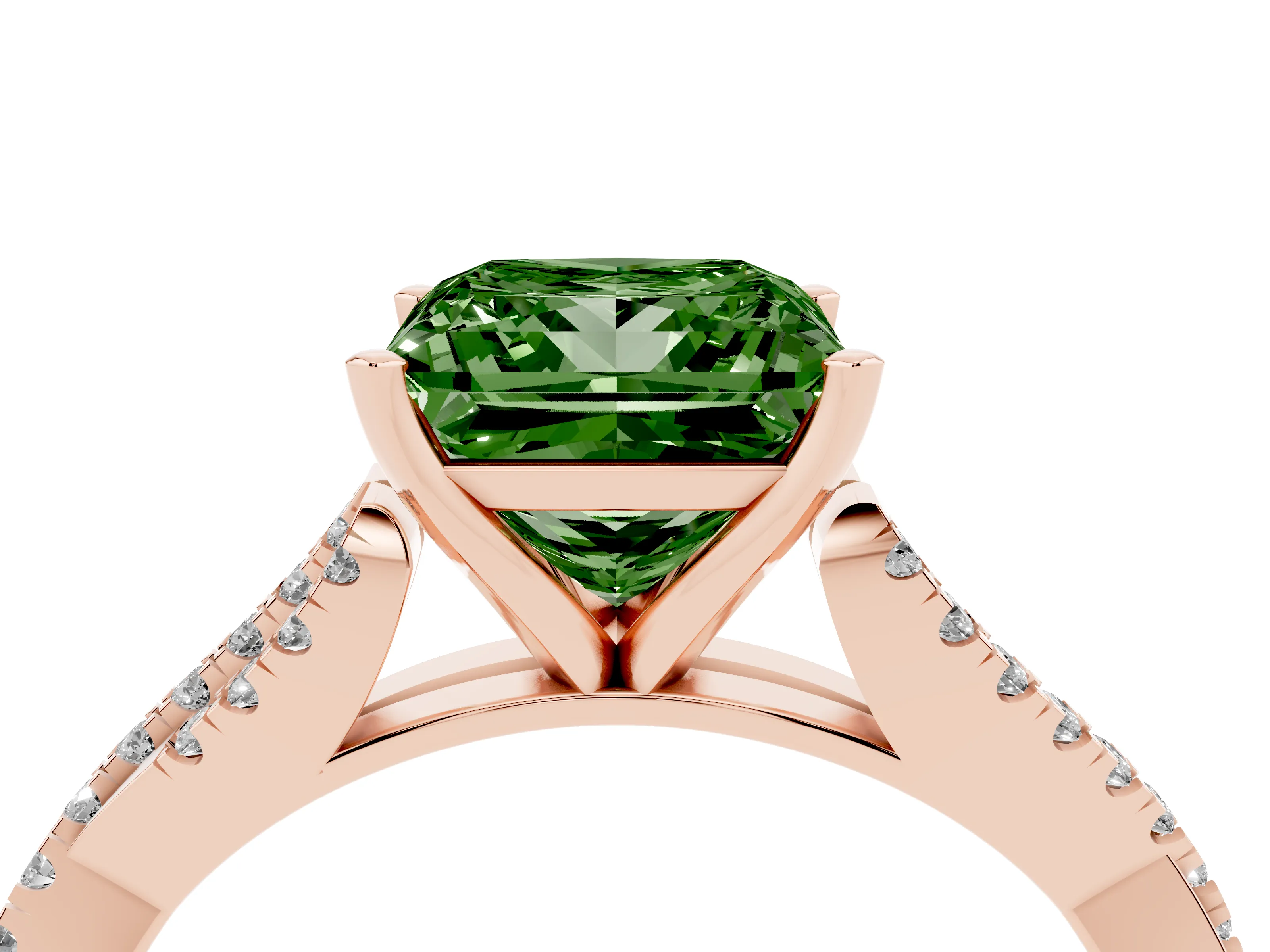 Fancy Green Princess Cut Diamond Solitaire Engagement Ring Set in Rose gold with Twisted Pavé Band and Prong Setting