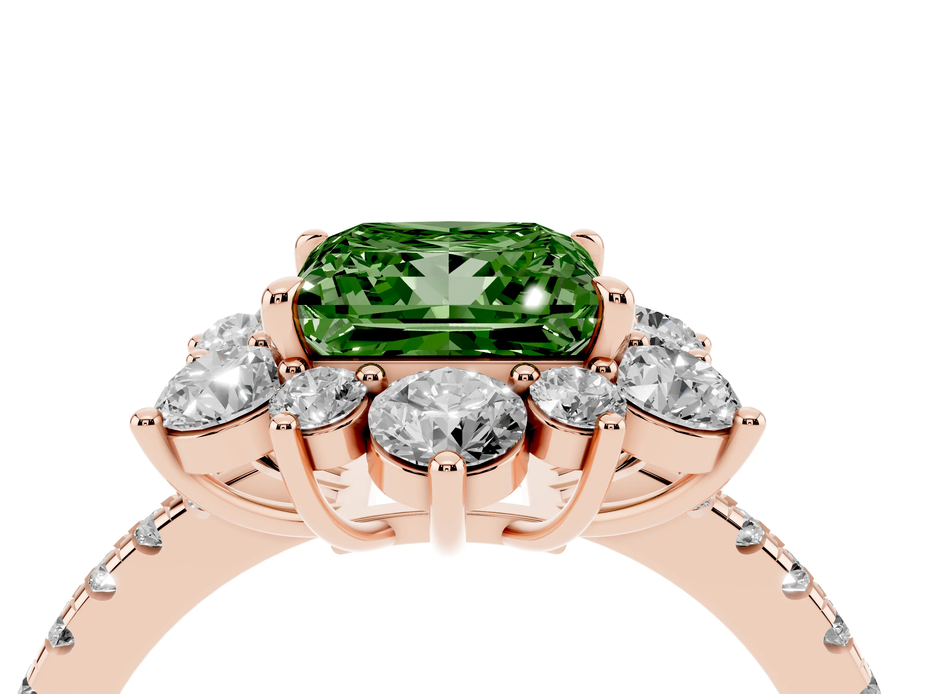 Fancy Green Princess Cut Diamond Floral Halo Ring Set in Rose gold with Round Pavé Band and Prong Setting