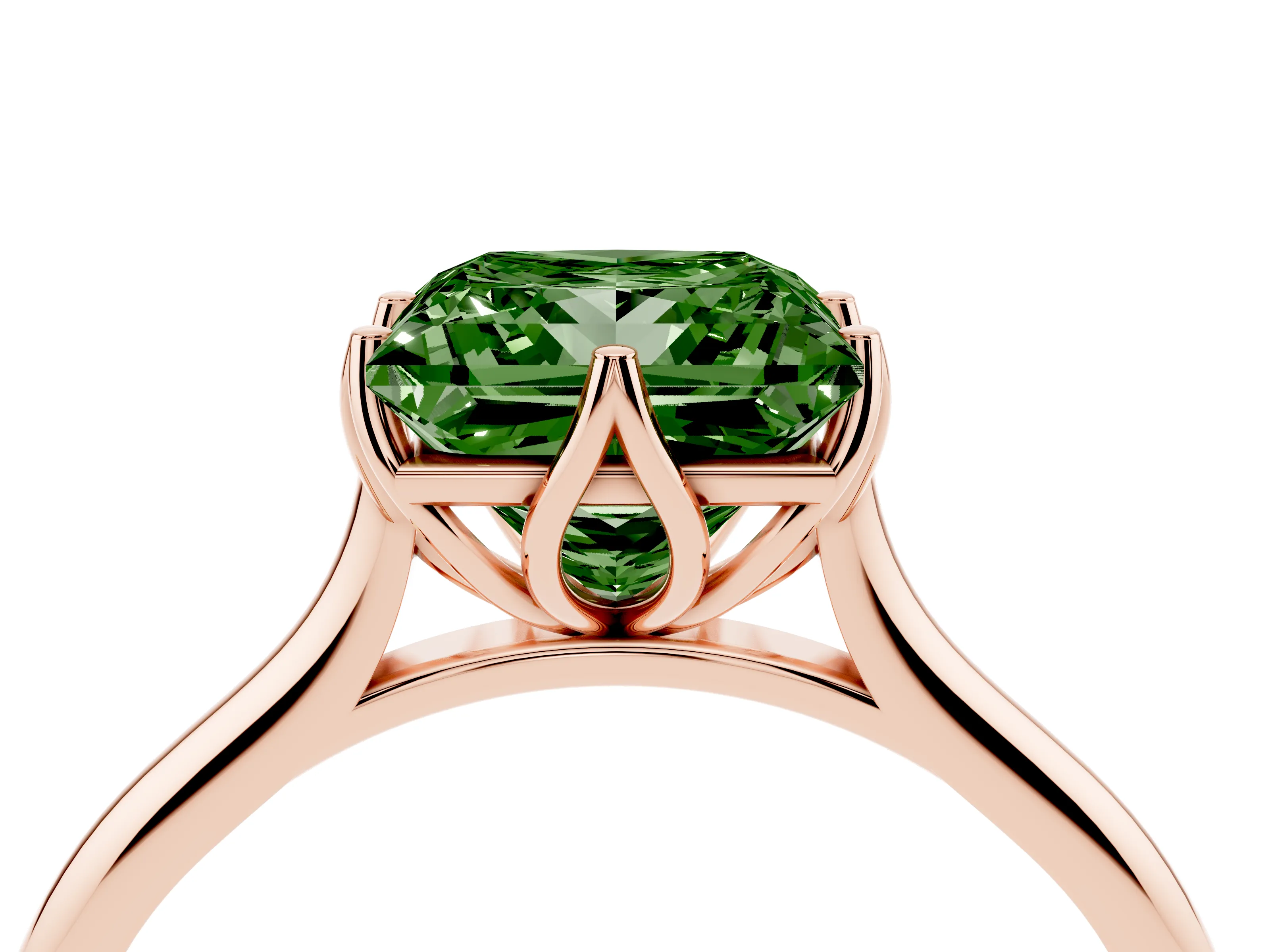 Fancy Green Princess Cut Diamond Solitaire Cathedral Ring Set in Rose gold with Prong Setting