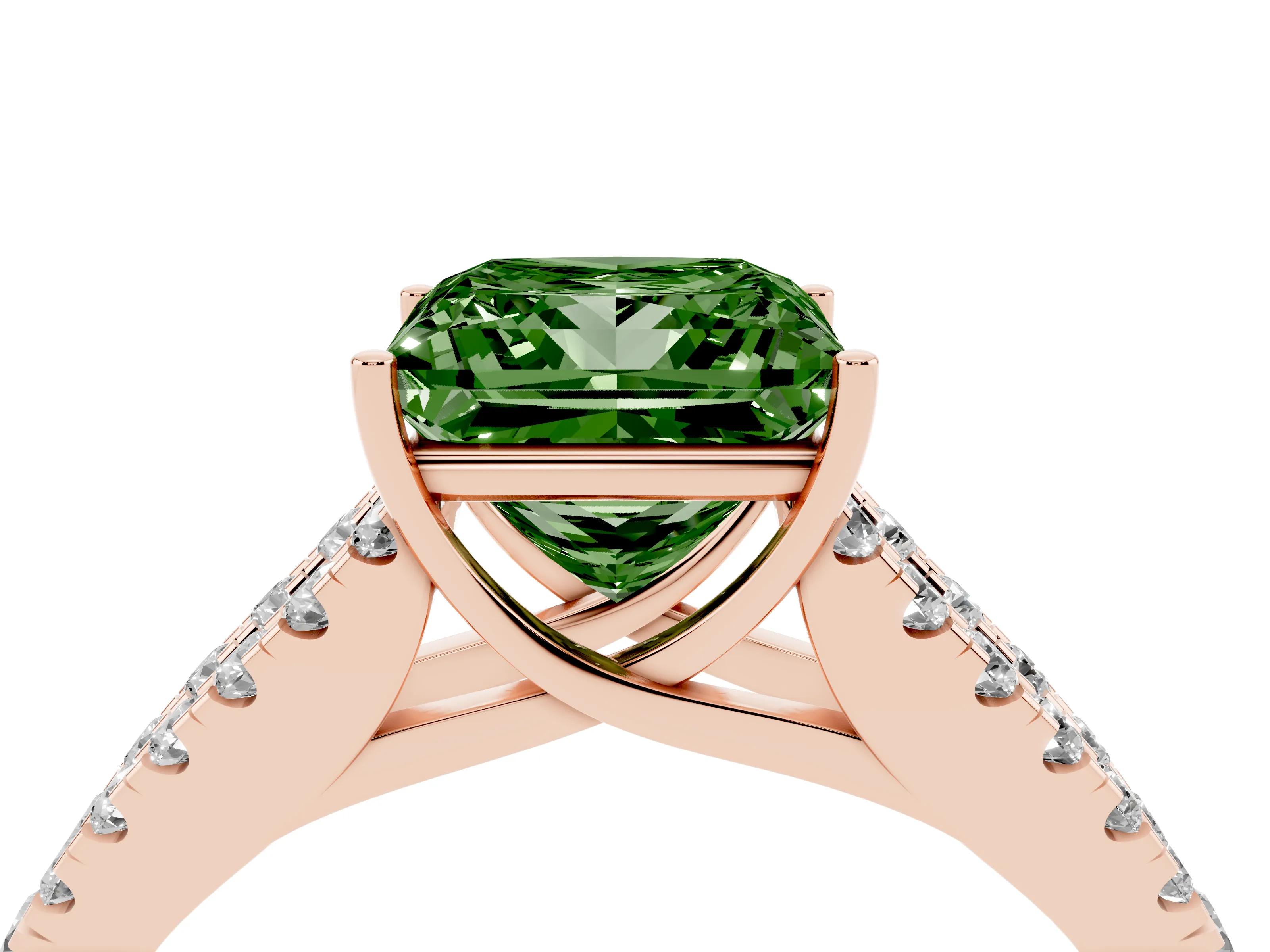 Fancy Green Princess Cut Diamond Split Shank Pavé Engagement Ring Set in Rose gold with Prong-Held Center Stone
