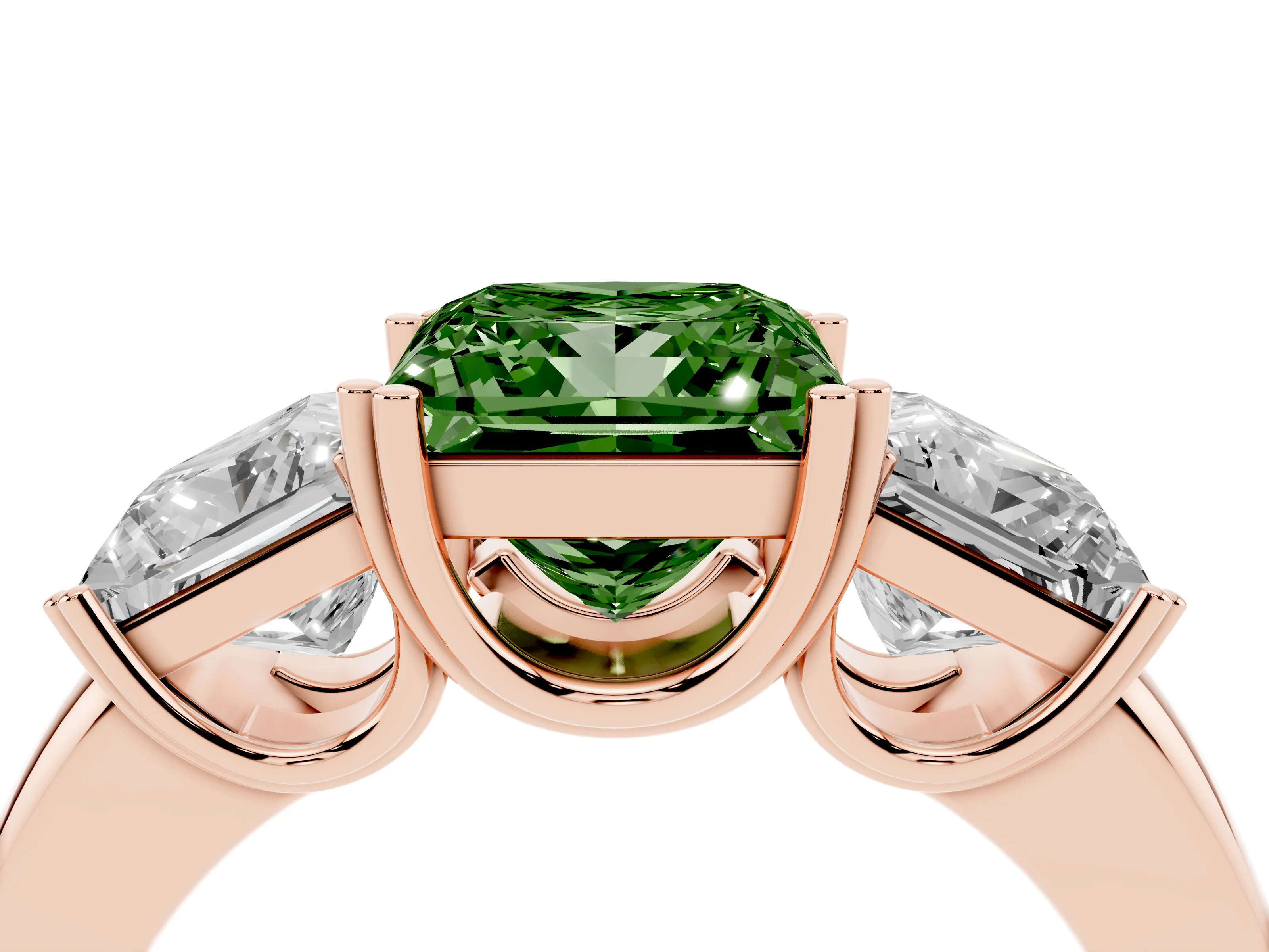 Fancy Green Princess Cut Diamond Three-Stone Ring Set in Rose gold with Polished Channel-Set Band