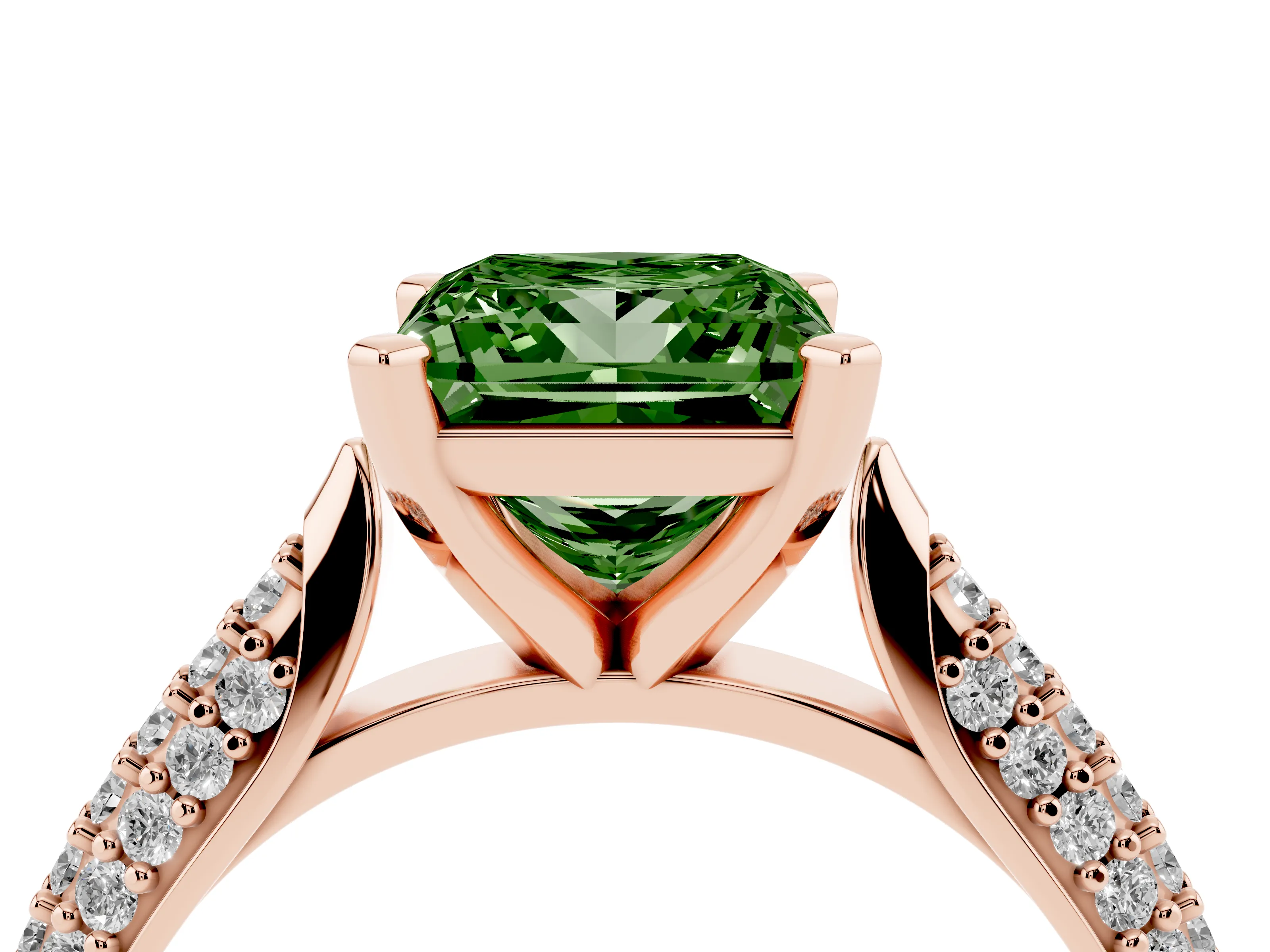 Fancy Green Princess Cut Diamond Solitaire Engagement Ring Set in Rose gold with Multi-Row Round Pavé Band and Prong Setting