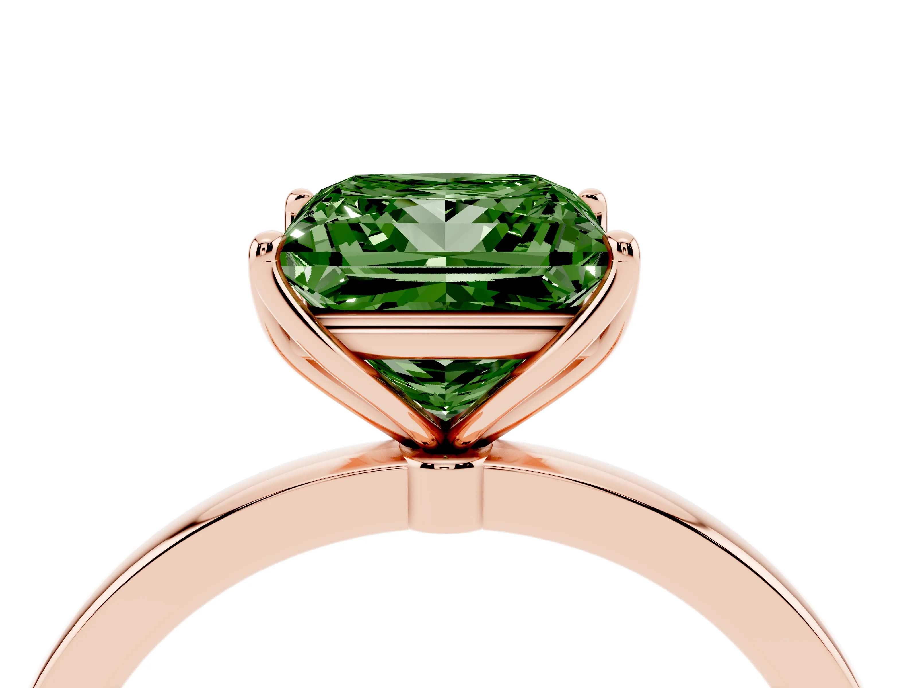 Fancy Green Princess Cut Diamond Solitaire Ring Set in Rose gold with Prong Setting and Thin Polished Band