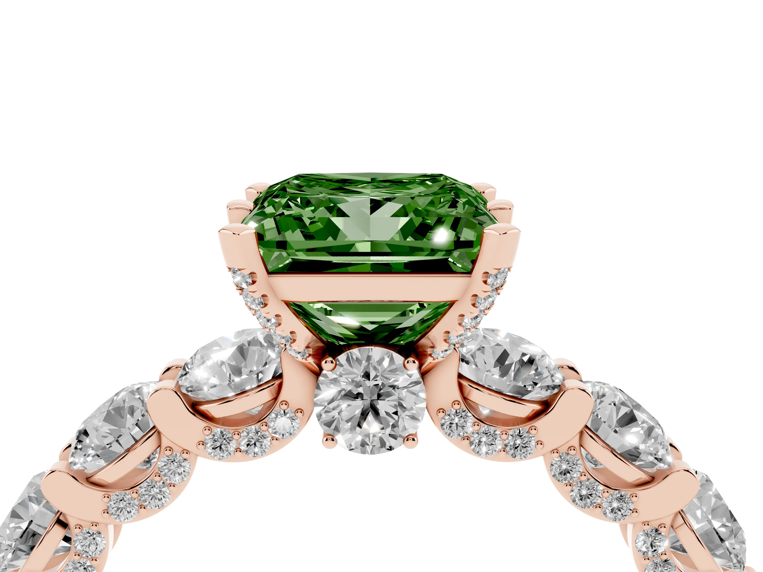 Fancy Green Princess Cut Diamond Side Stone Ring Set in Rose gold with Alternating Round and Oval Side Stones