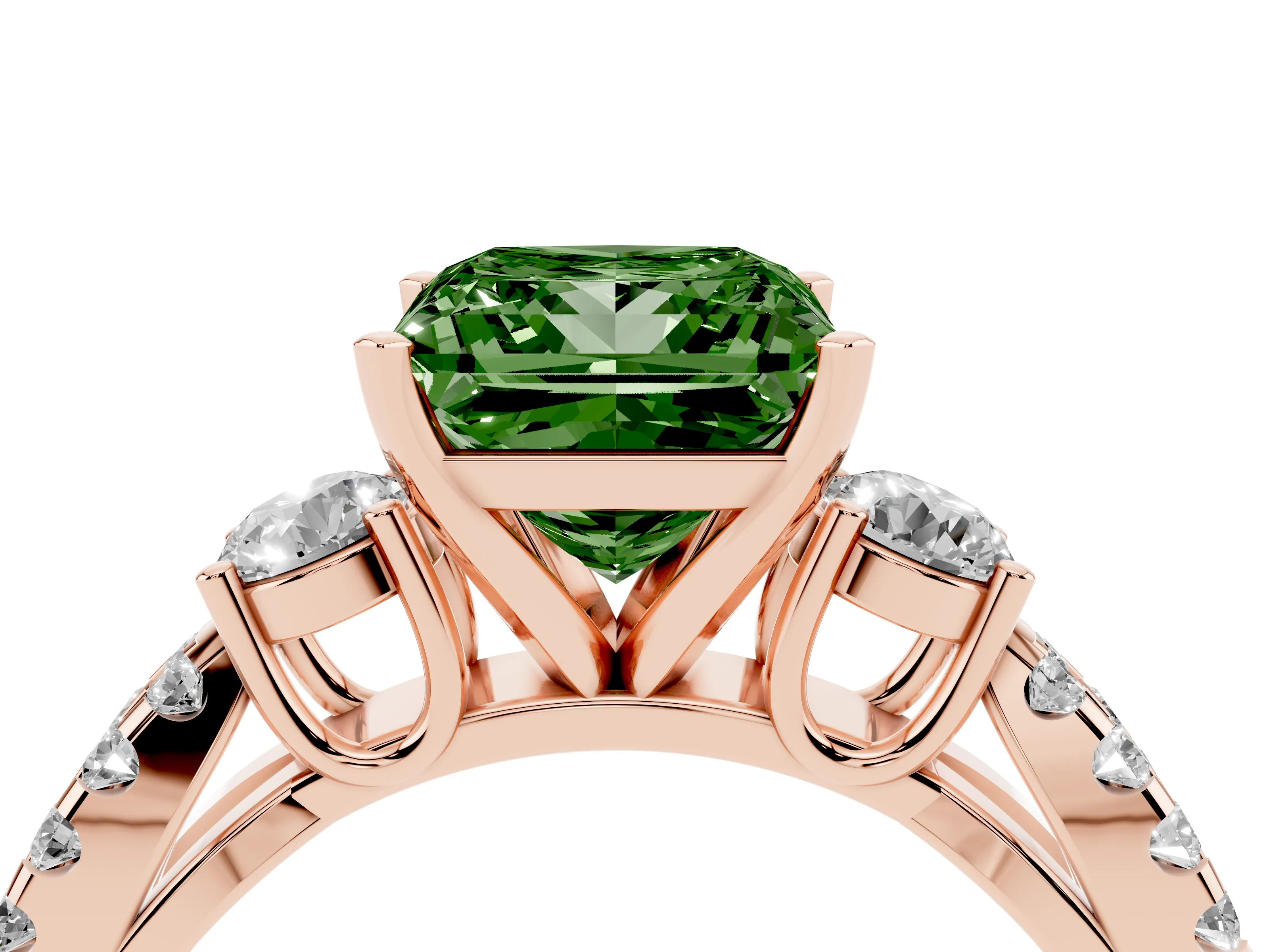 Fancy Green Princess Cut Diamond Three-Stone Ring Set in Rose gold with Pavé Split Shank and Prong Setting