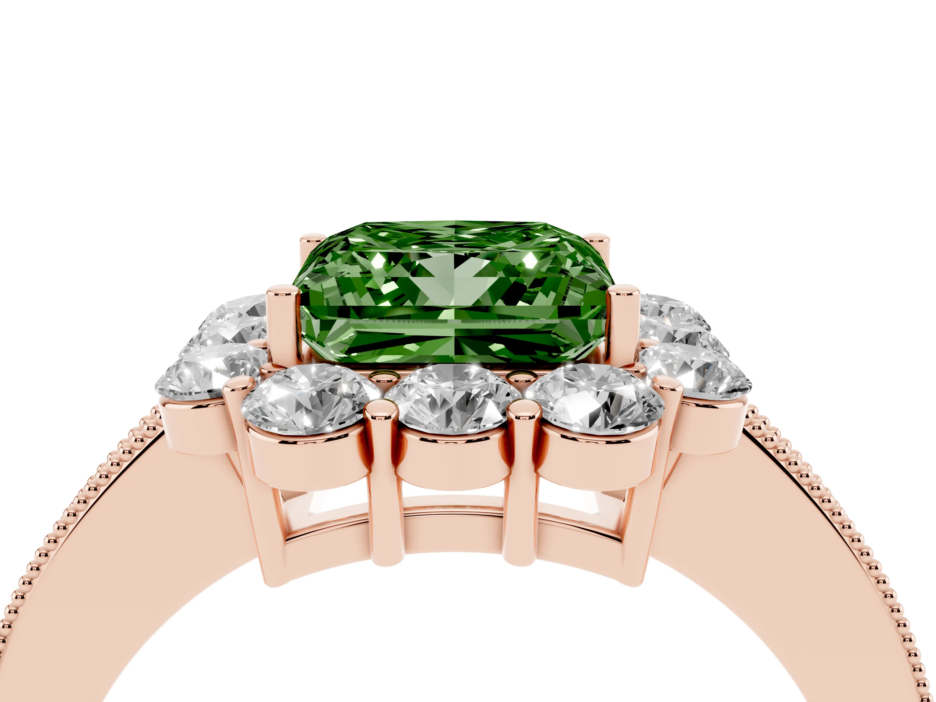 Fancy Green Princess Cut Diamond Halo Pavé Engagement Ring Set in Rose gold with Milgrain Detailing