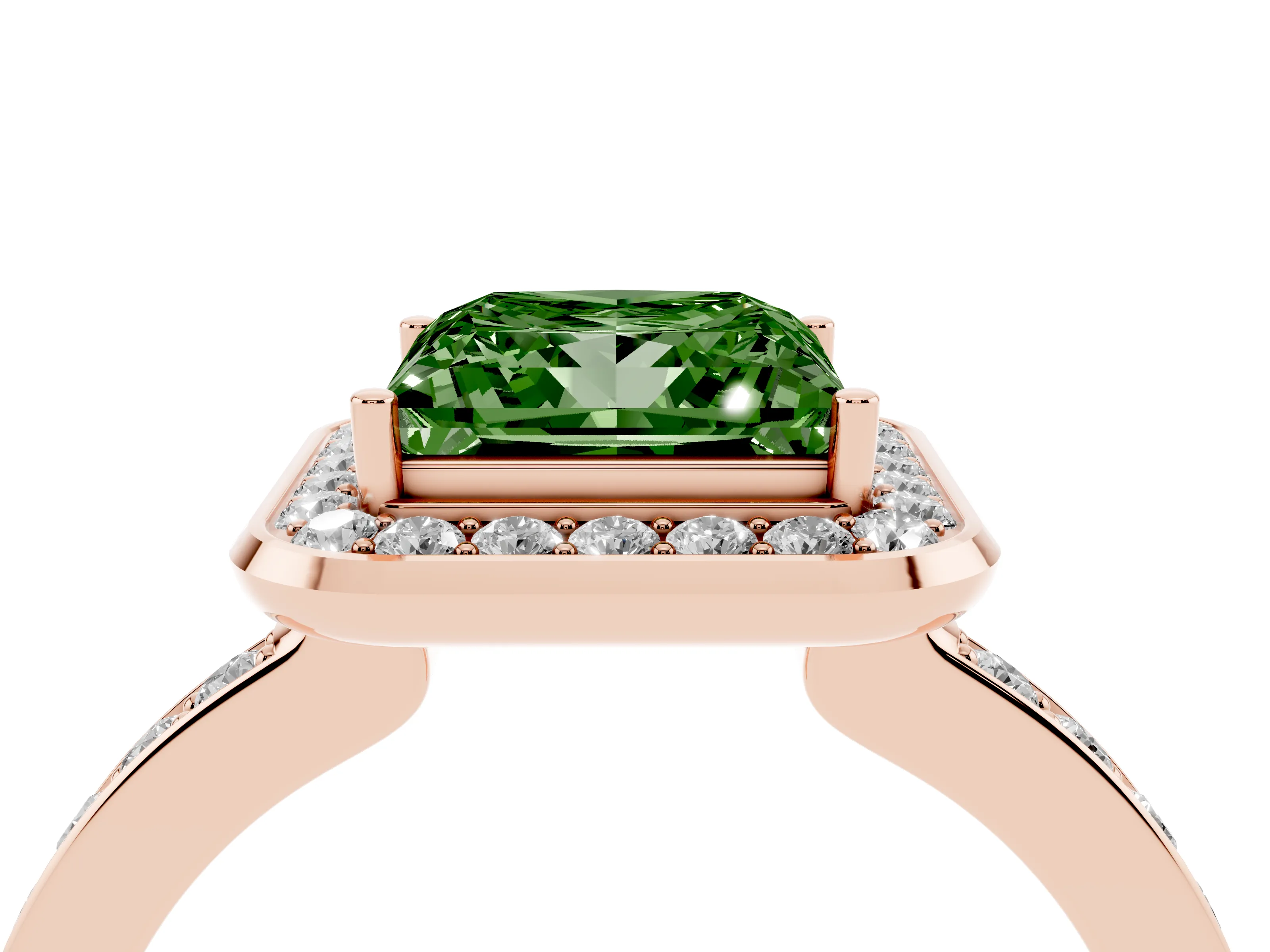 Fancy Green Princess Cut Diamond Halo Ring Set in Rose gold with Bezel Frame and Pavé Band