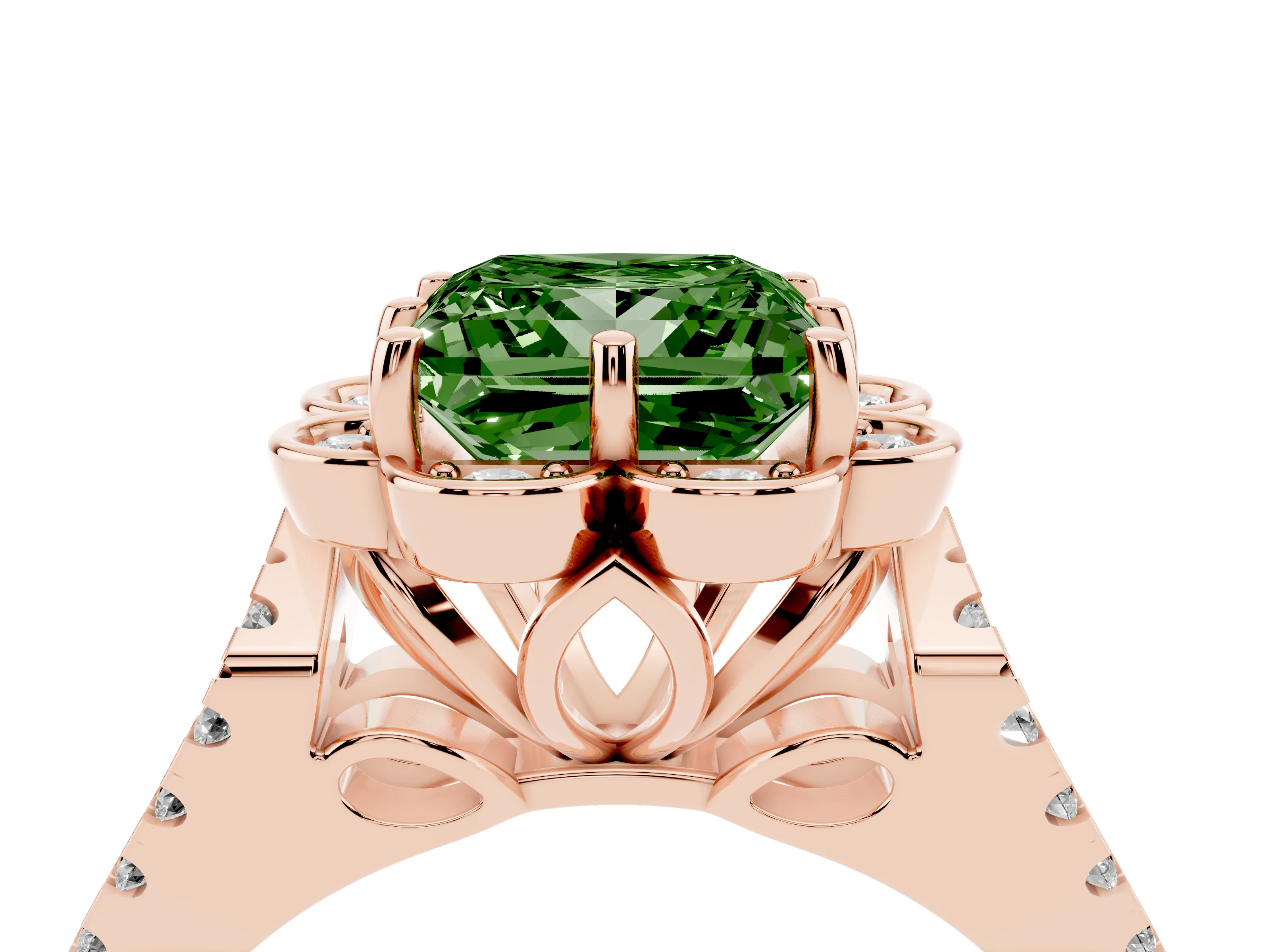 Fancy Green Princess Cut Diamond Floral Halo Split Shank Engagement Ring Set in Rose gold with Pavé Shank