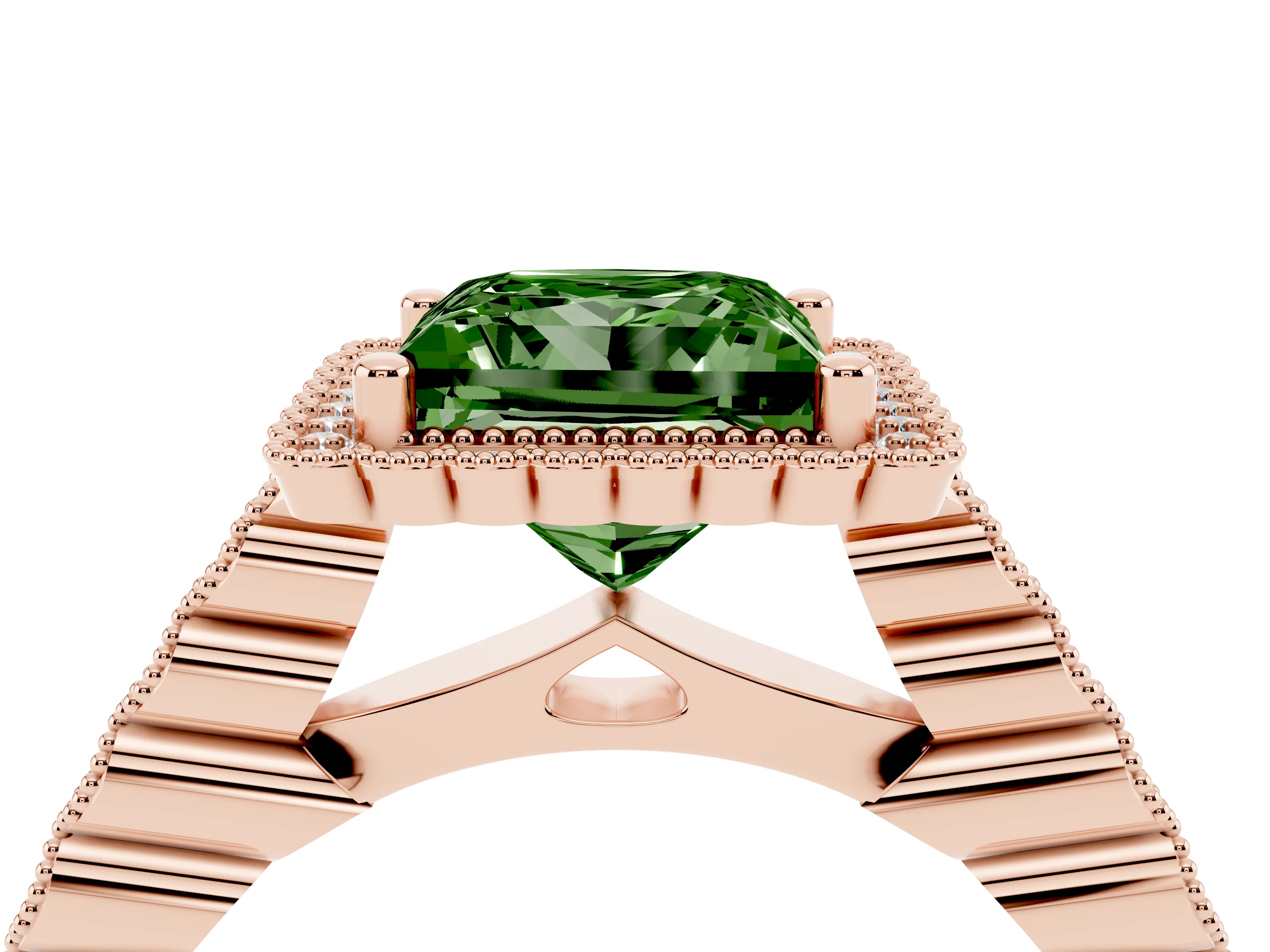 Fancy Green Princess Cut Diamond Halo Ring Set in Rose gold with Pavé Milgrain Band