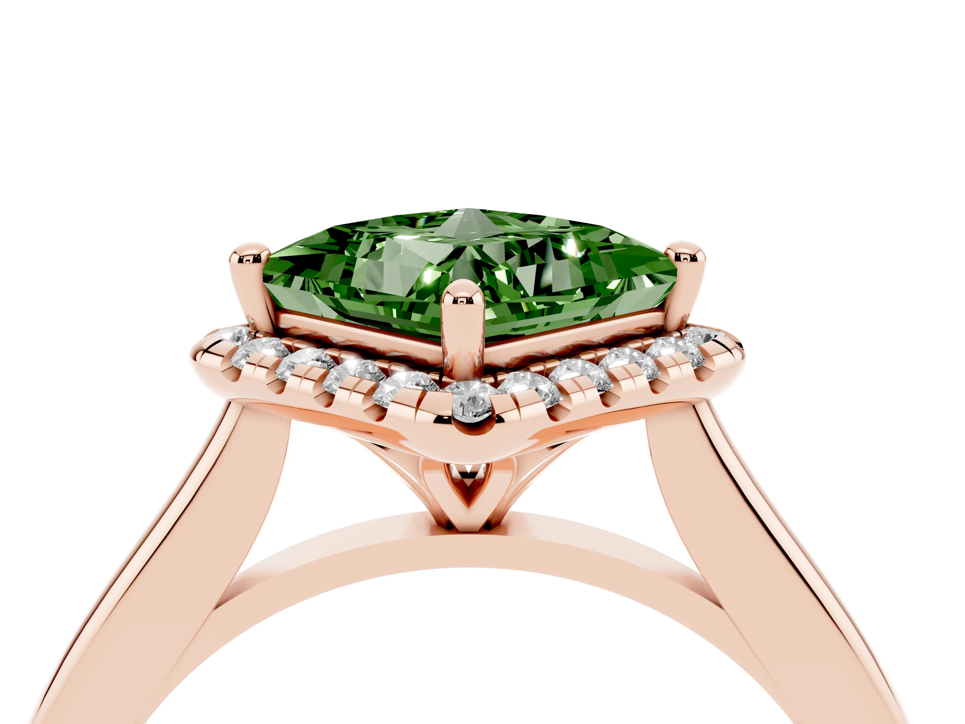 Fancy Green Princess Cut Diamond Halo Engagement Ring Set in Rose gold with Pavé Band and Rising Shoulders