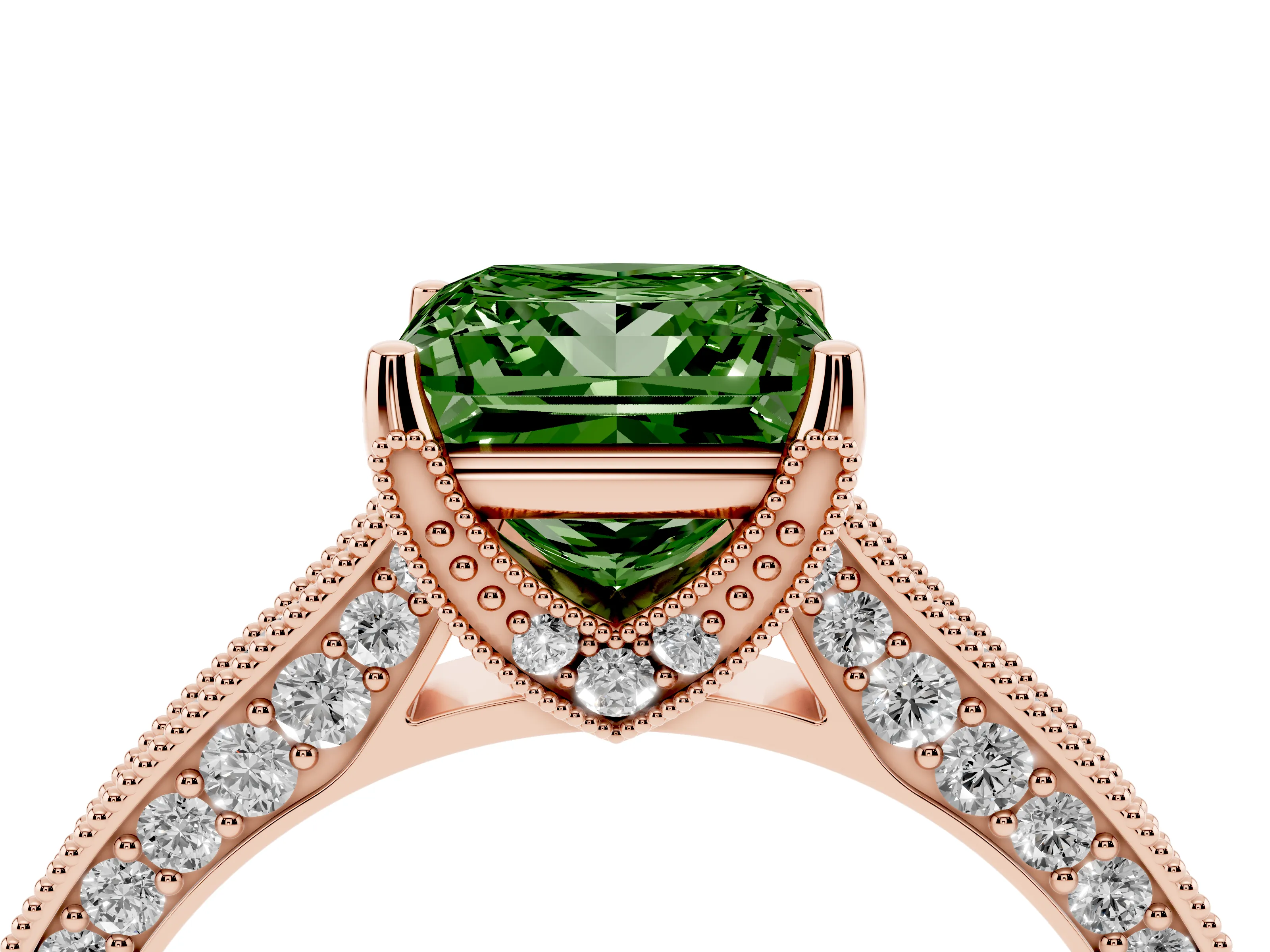Fancy Green Princess Cut Diamond Solitaire Ring Set in Rose gold with Milgrain-Edged Pavé Band and Prong Setting