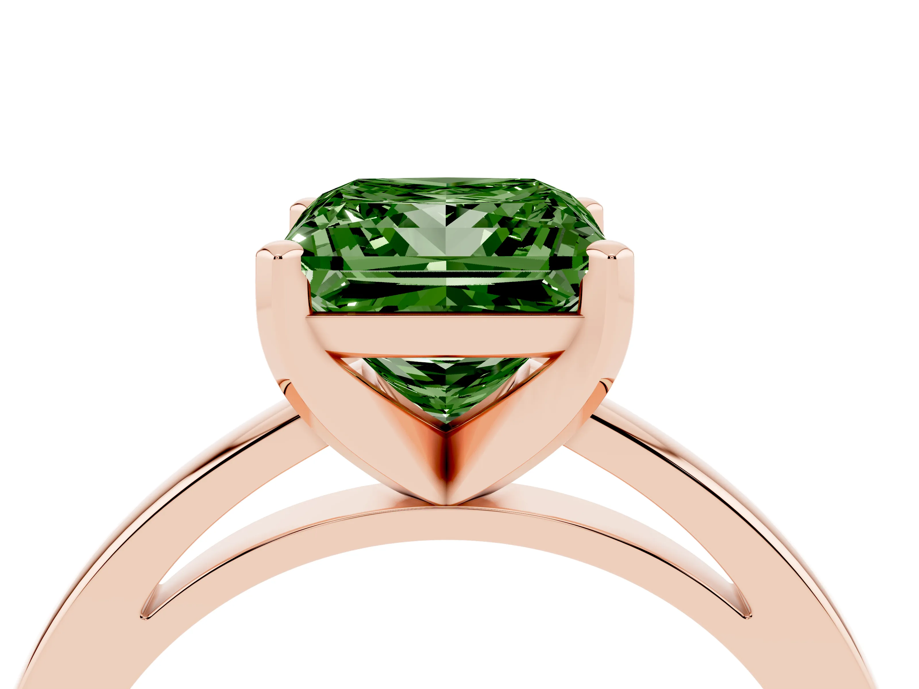 Fancy Green Princess Cut Diamond Solitaire Engagement Ring Set in Rose gold with Prong Setting on a Classic Band