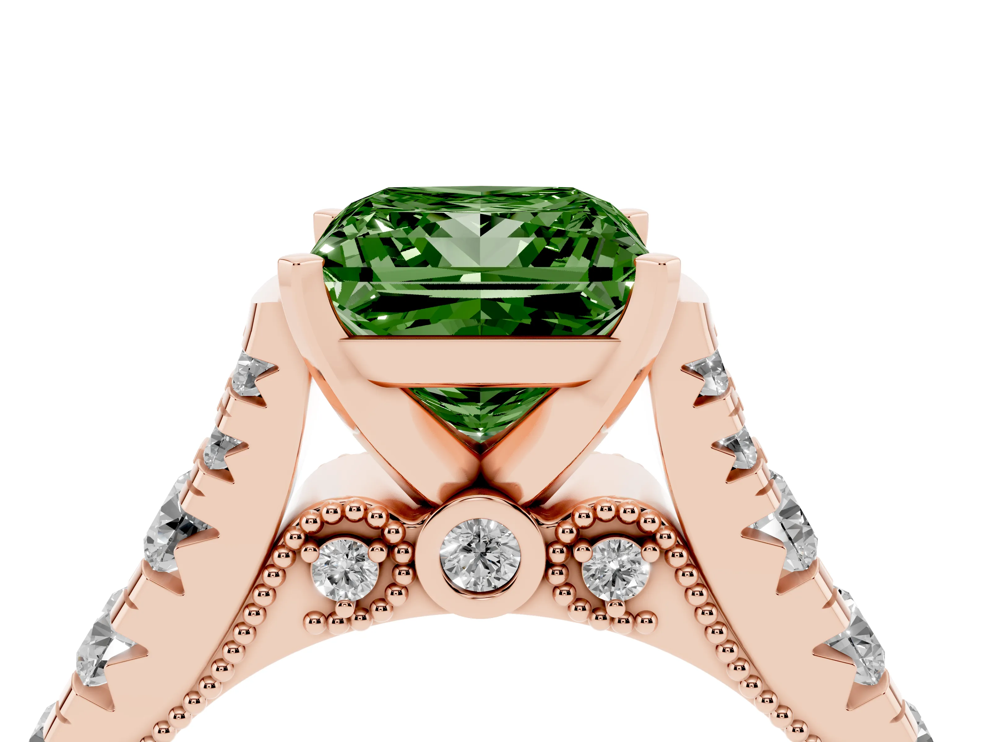 Fancy Green Princess Cut Diamond Classic Solitaire Ring Set in Rose gold with Pavé Band and Prong Setting