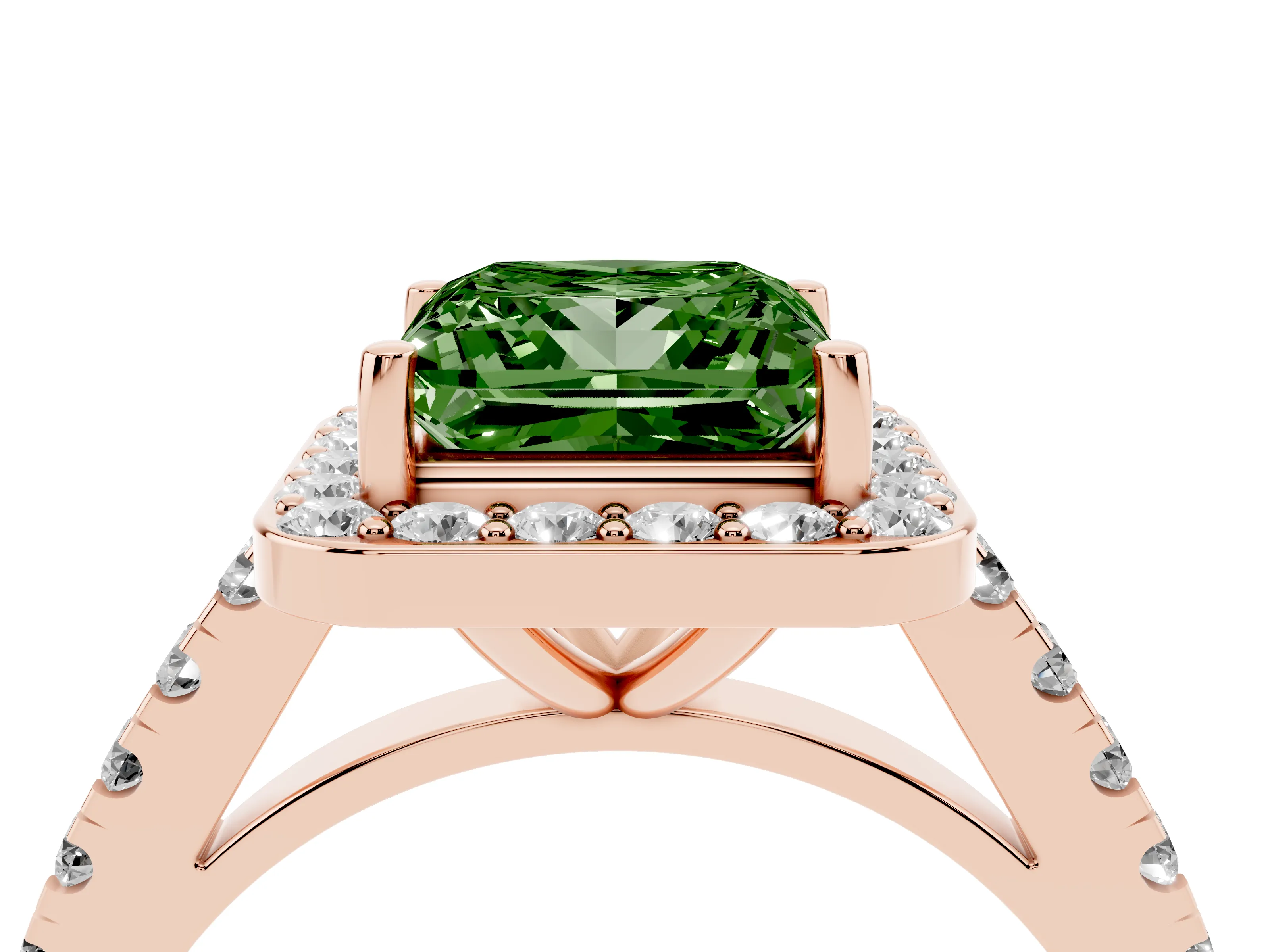 Fancy Green Princess Cut Diamond Halo Ring Set in Rose gold with Round Pavé Split Shank and Prong Setting
