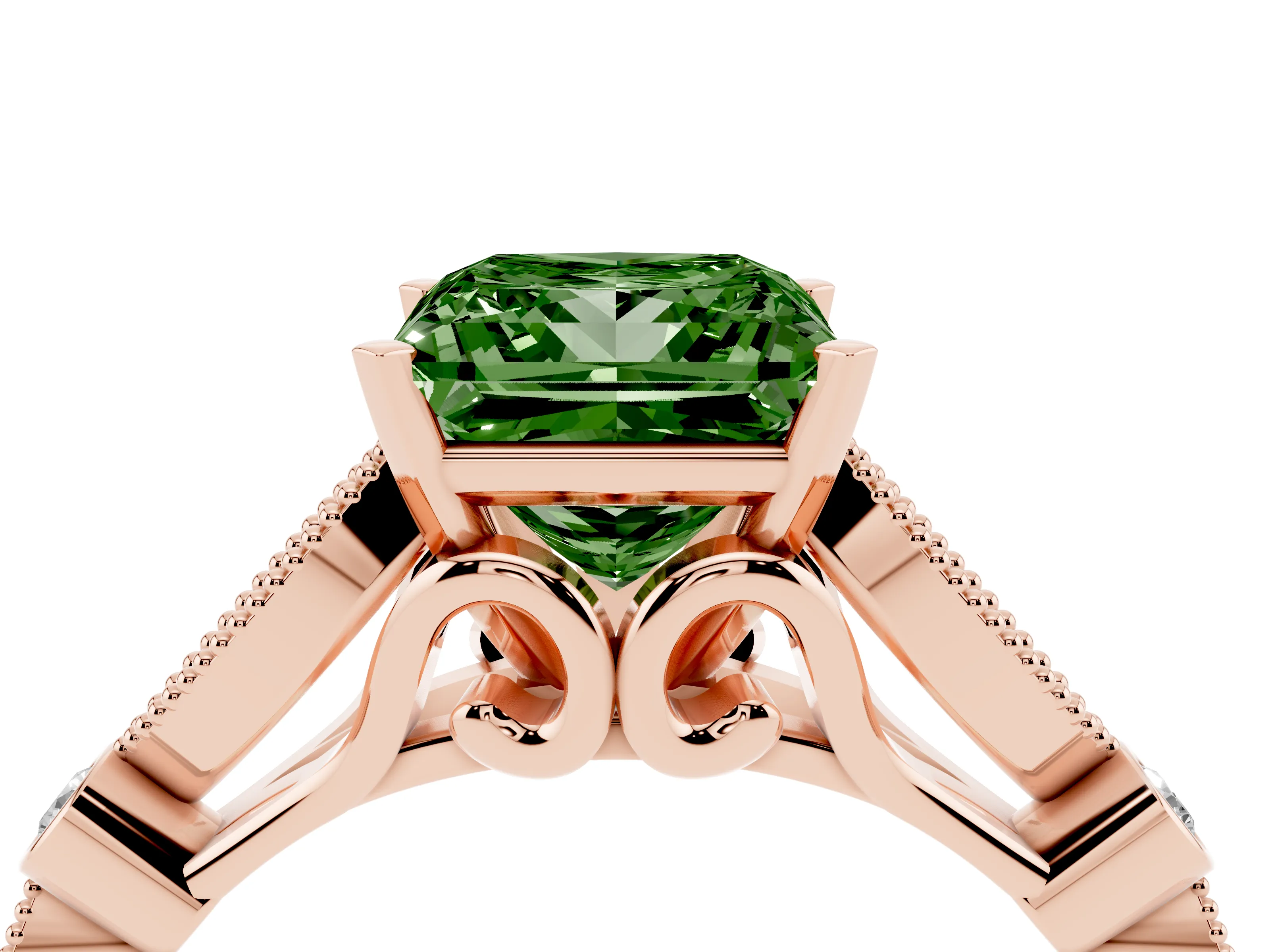 Fancy Green Princess Cut Diamond Solitaire Ring Set in Rose gold with Milgrain Marquise and Bezel Accents