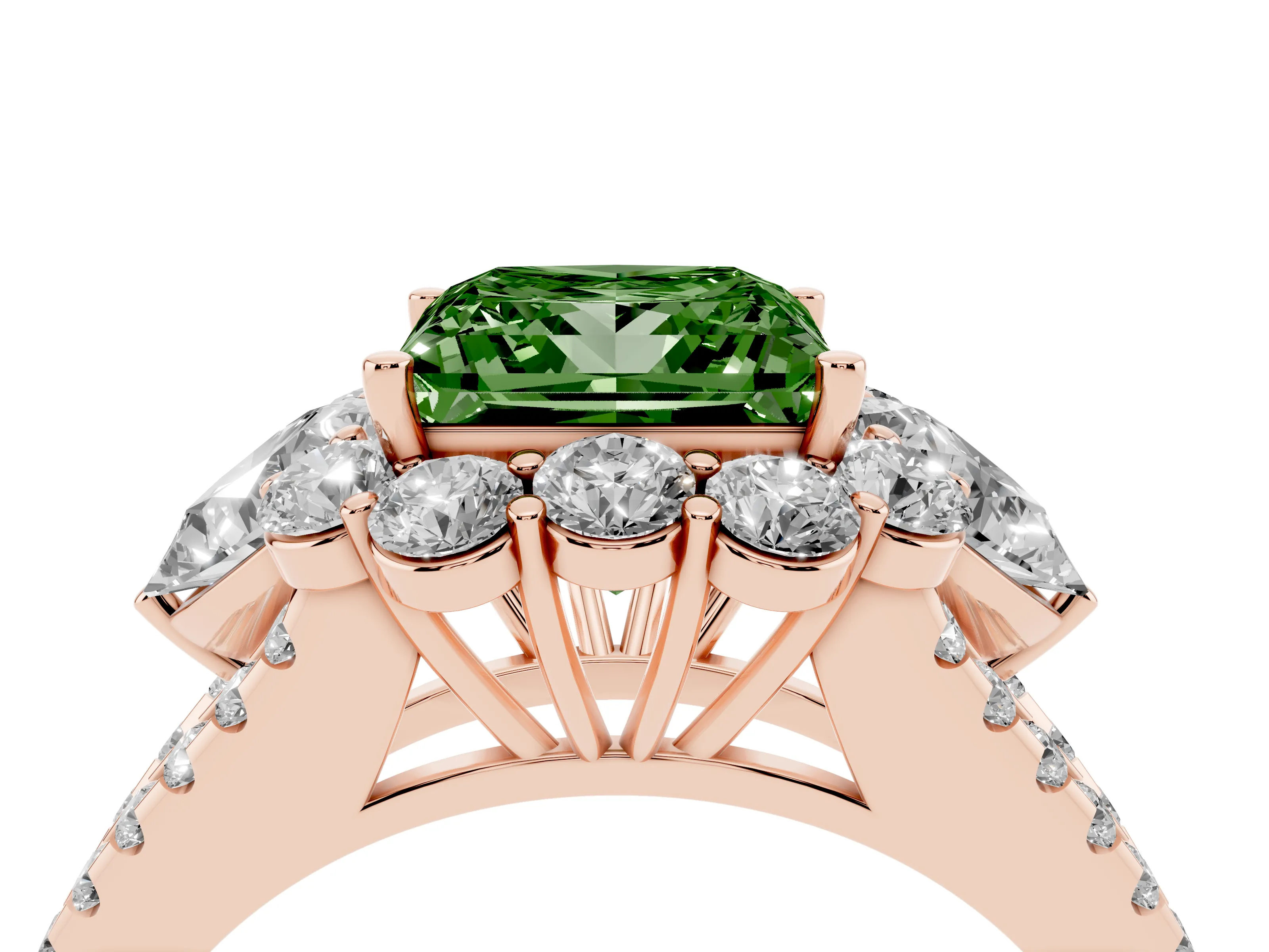 Fancy Green Princess Cut Diamond Halo Split Shank Engagement Ring Set in Rose gold with Prong-Held Center Stone