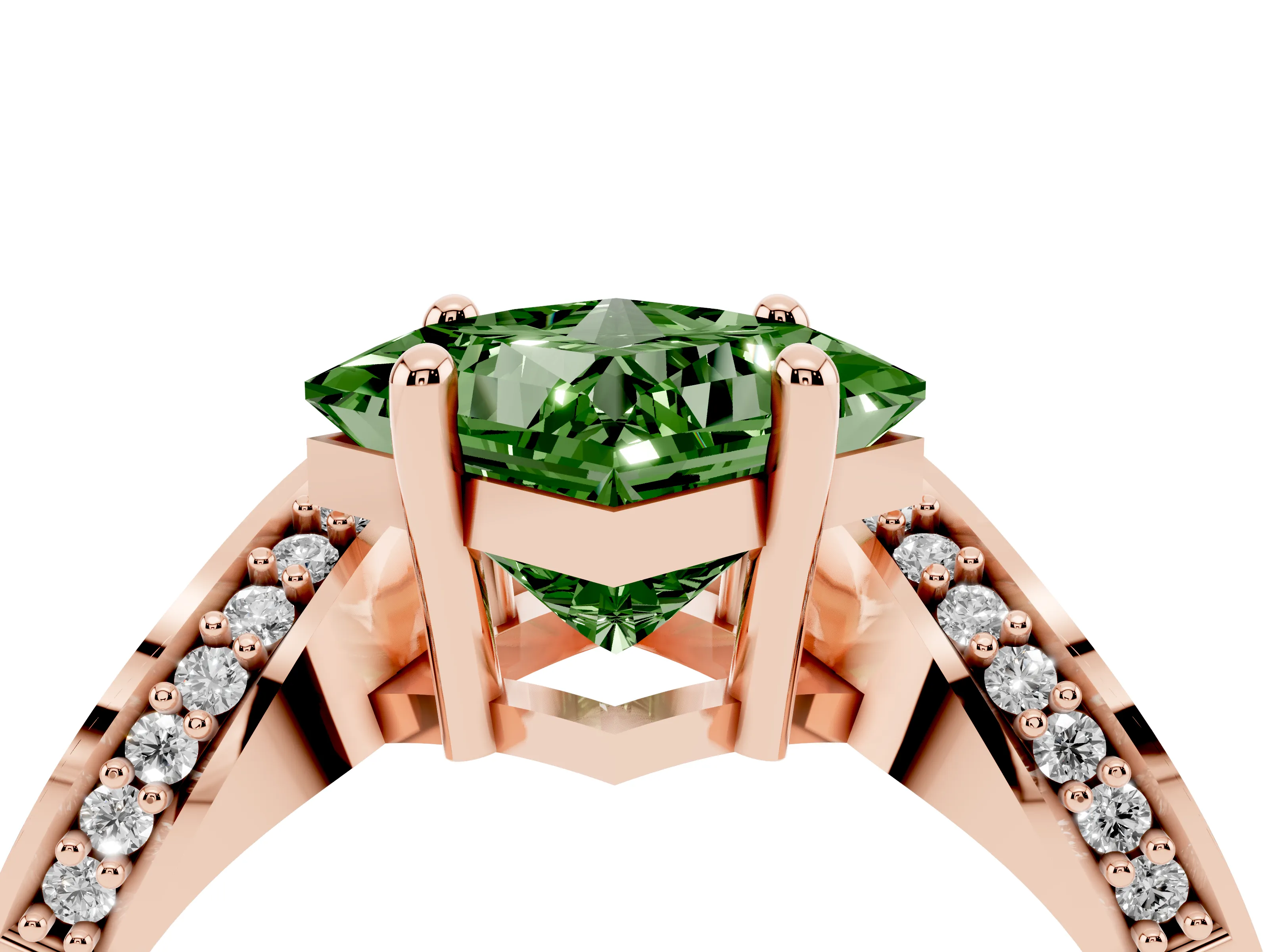 Fancy Green Princess Cut Diamond Solitaire Engagement Ring Set in Rose gold with Pavé Shoulders