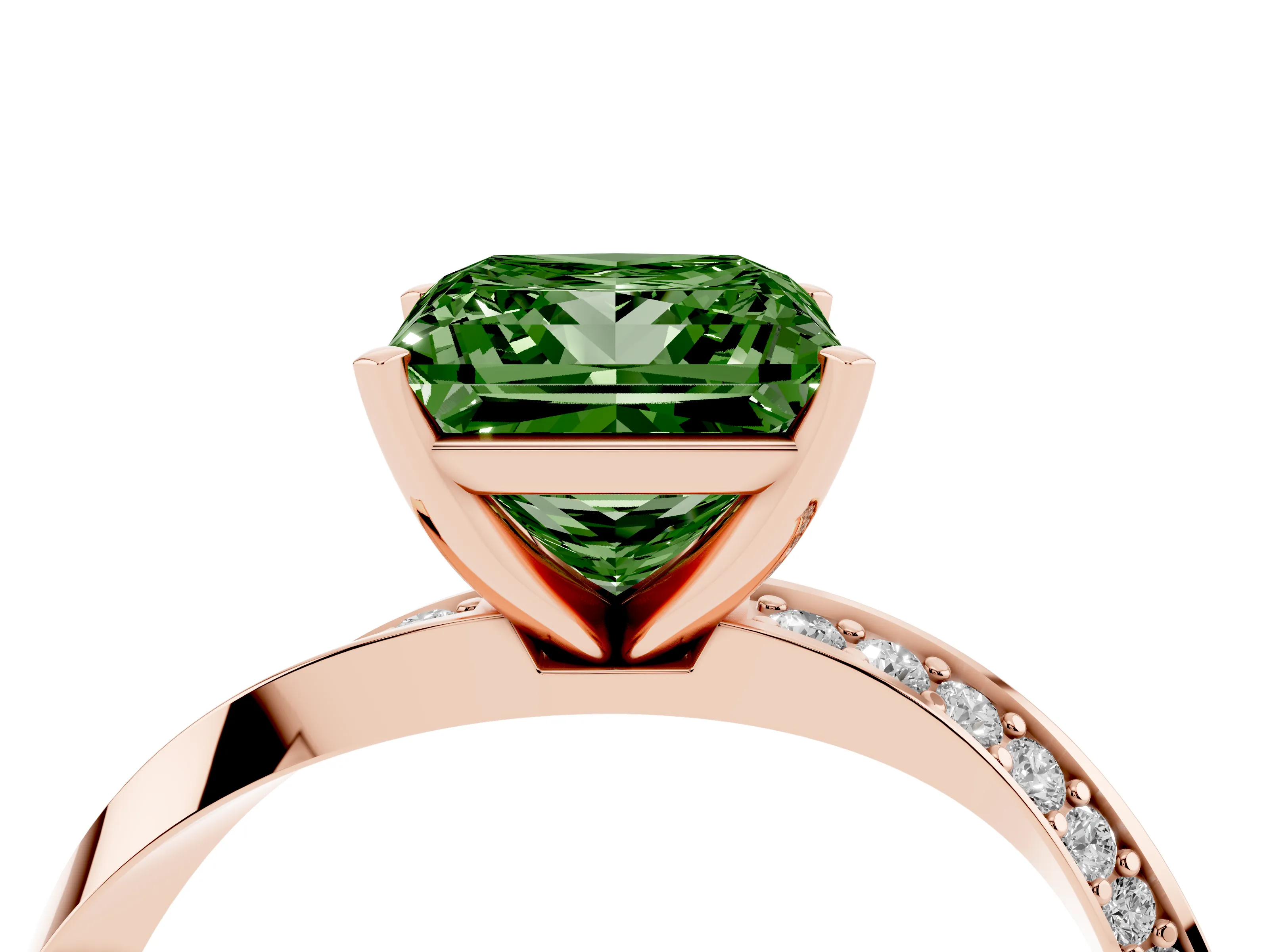 Fancy Green Princess Cut Diamond Engagement Ring Set in Rose gold with Side Stone Accents and Prong Setting