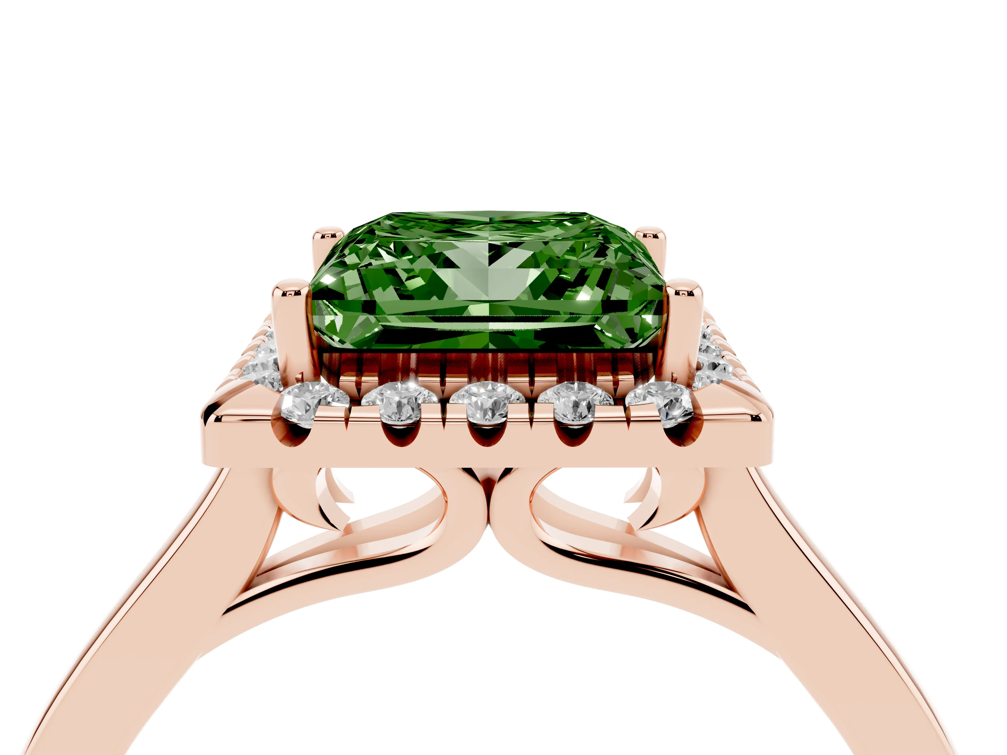 Fancy Green Princess Cut Halo Round Diamond Solitaire Ring Set in Rose gold with Pavé Band and Prong Setting