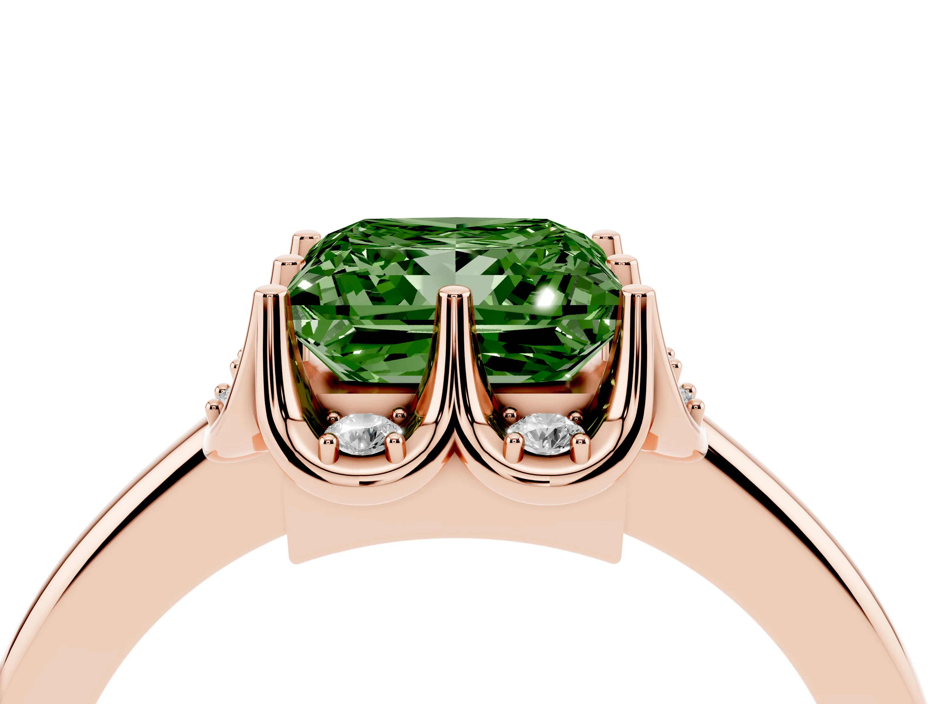 Fancy Green Princess Cut Diamond Round Cluster Halo Ring Set in Rose gold with Solitaire Band and Prong Setting