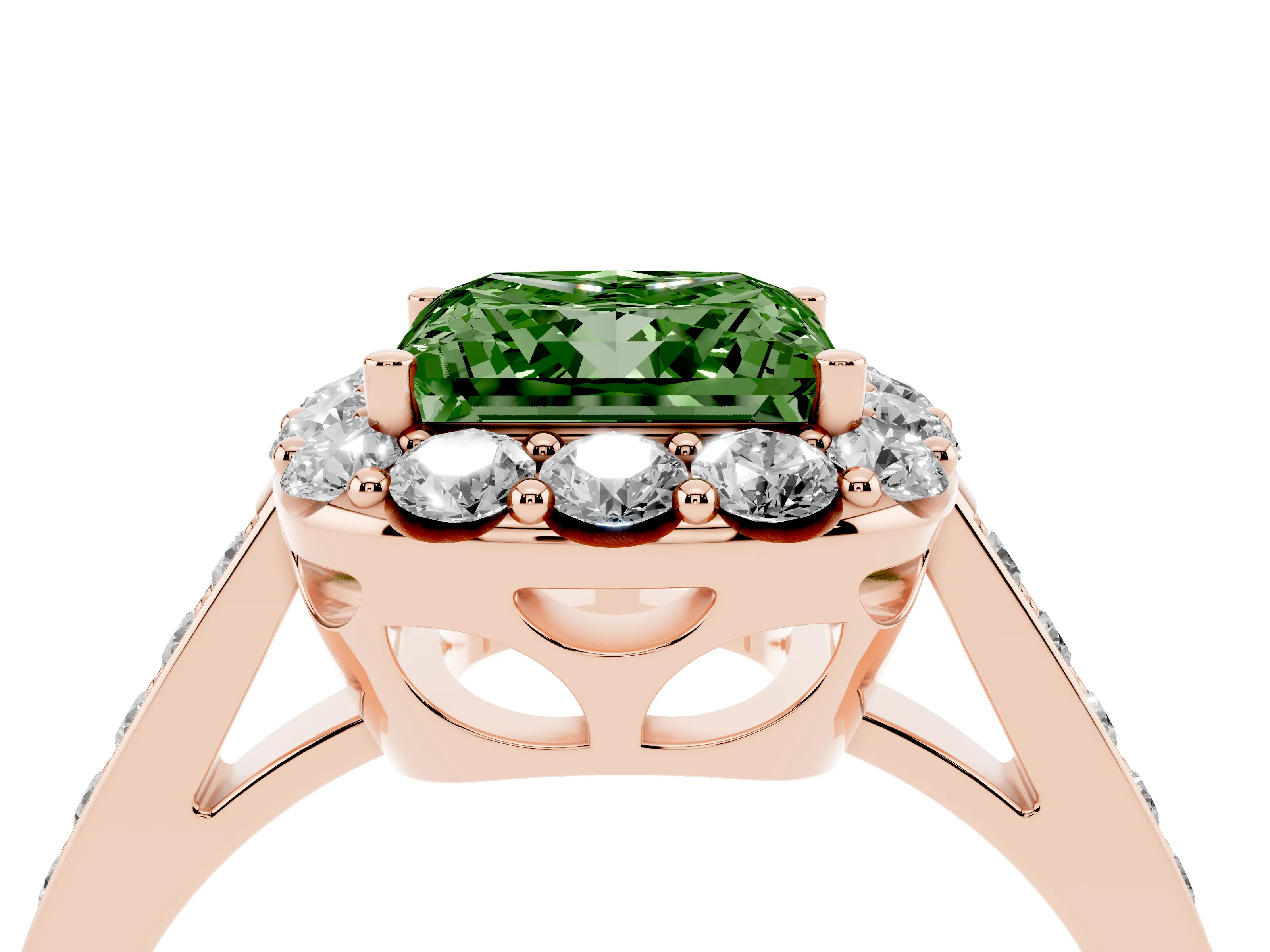 Fancy Green Princess Cut Diamond Floral Halo Ring Set in Rose gold with Pavé Band and Prong Setting