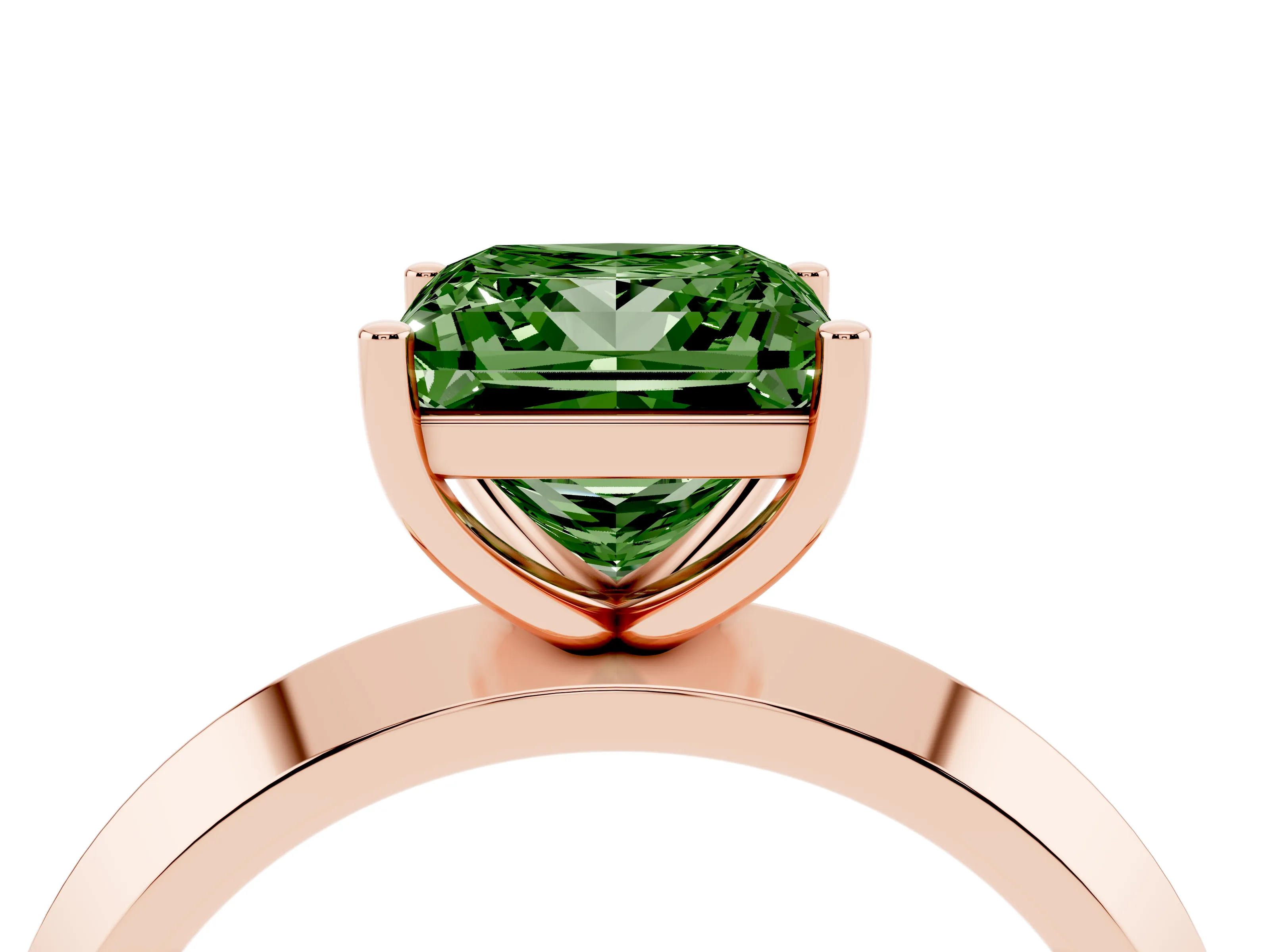 Fancy Green Princess Cut Diamond Solitaire Engagement Ring Set in Rose gold with Flat Band and Prong Setting