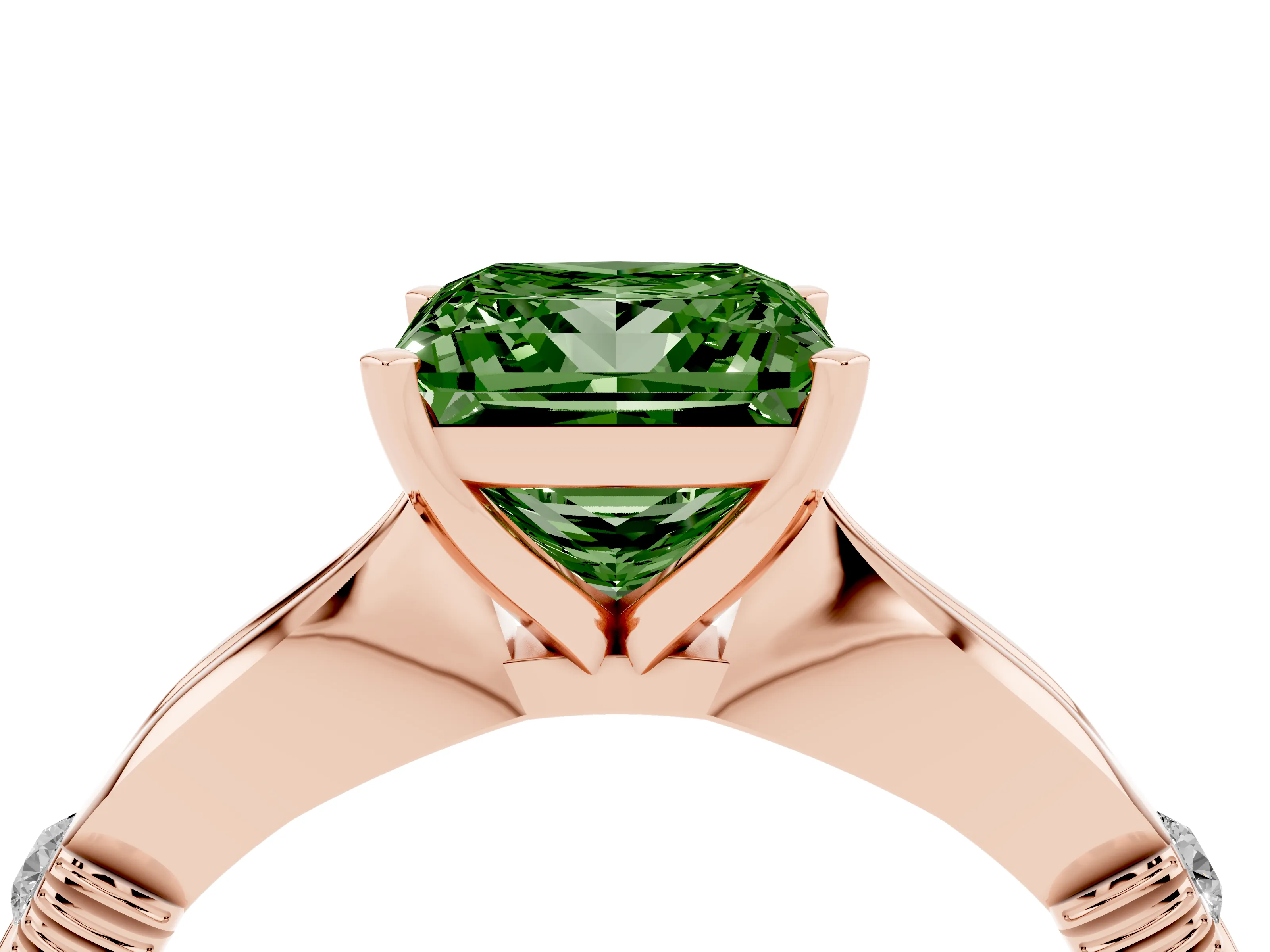 Fancy Green Princess Cut Diamond Solitaire Twisted Band Ring Set in Rose gold with Accent Stones and Prong Setting