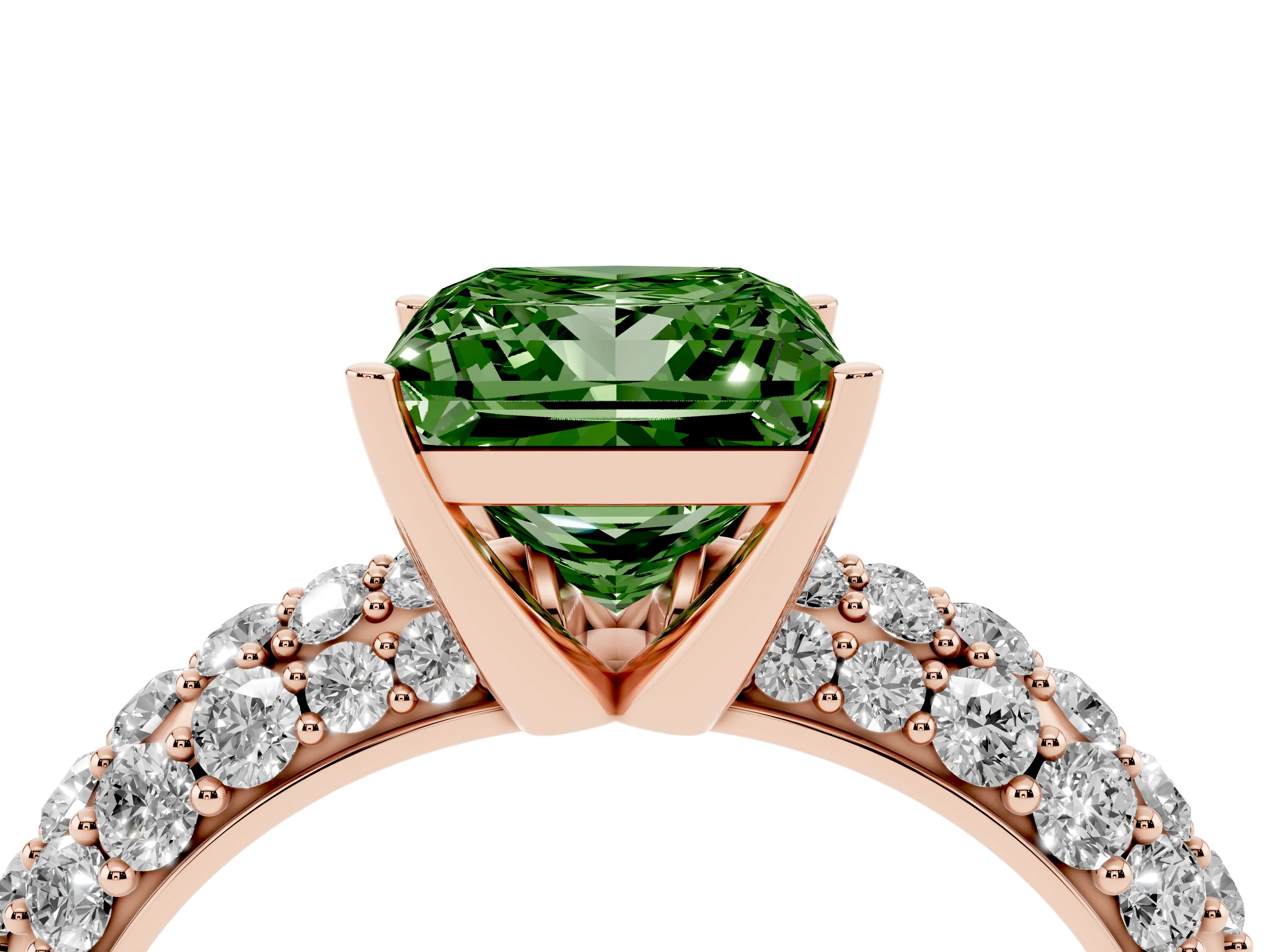 Fancy Green Princess Cut Diamond Pavé Band Solitaire Ring Set in Rose gold with Close-Set Accent Stones and Prong Setting