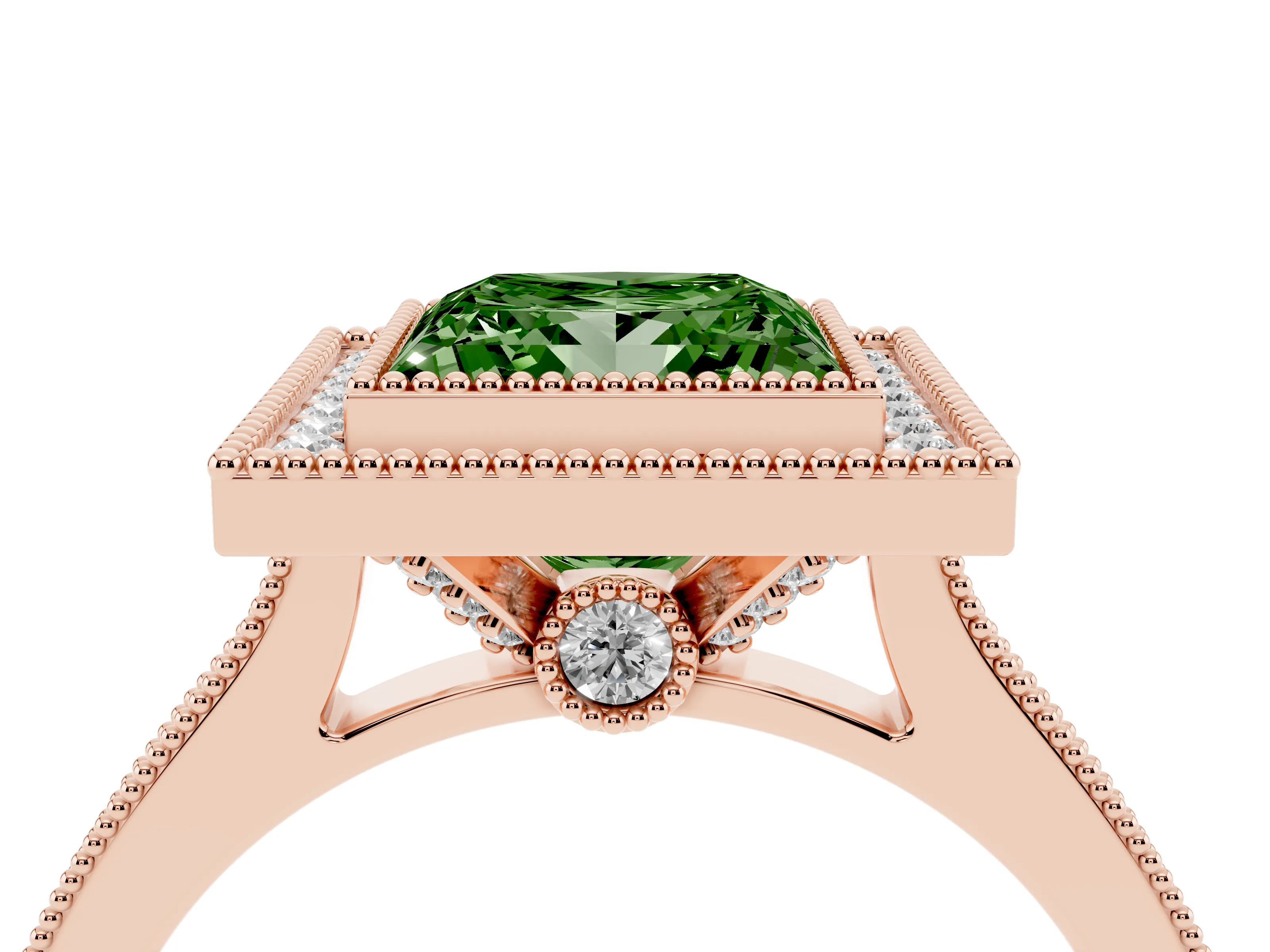 Fancy Green Princess Cut Diamond Halo Milgrain Pavé Band Ring Set in Rose gold with Prong Setting
