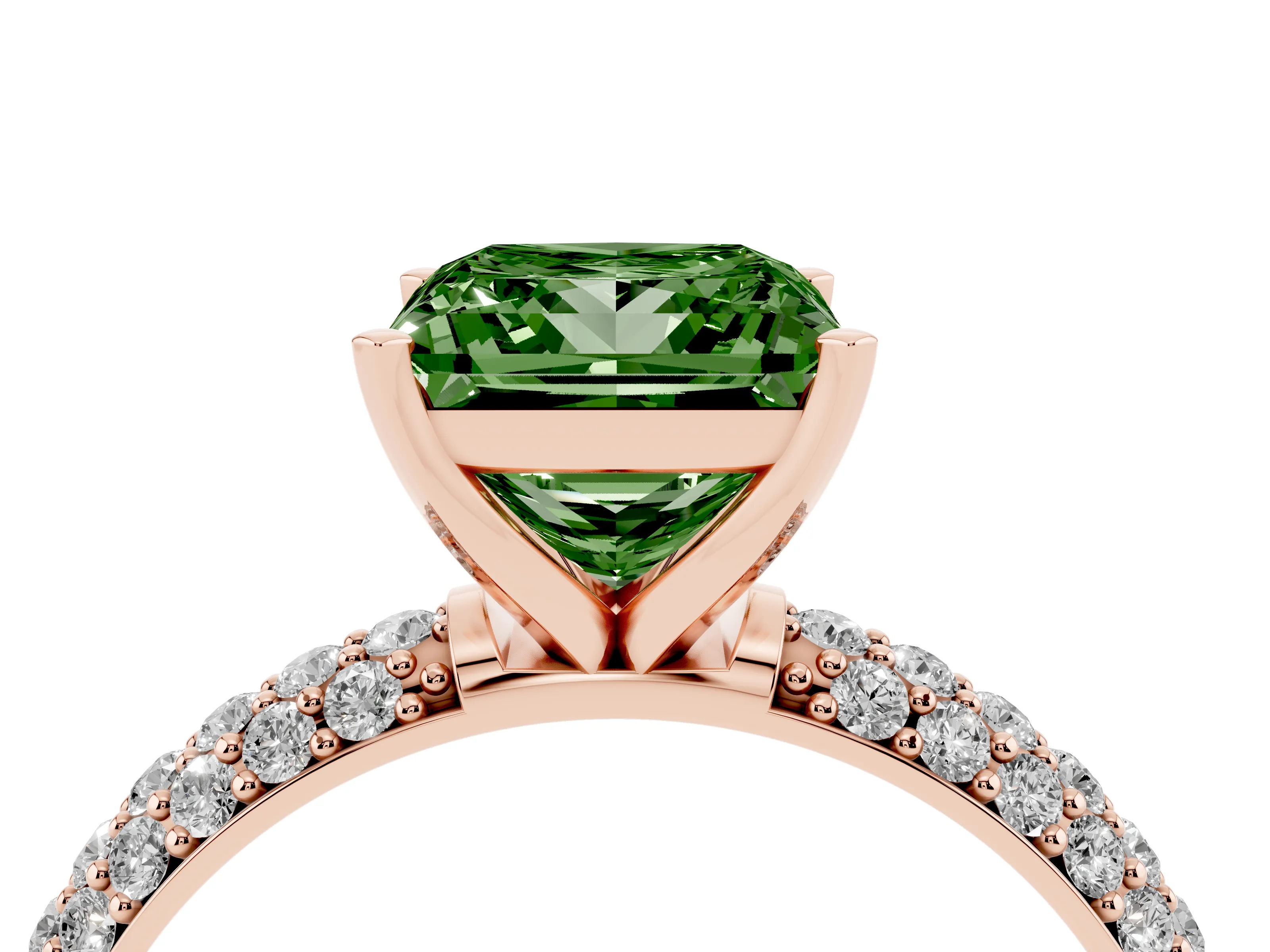 Fancy Green Princess Cut Diamond Solitaire Ring Set in Rose gold with Prong Setting and Pavé-Set Band