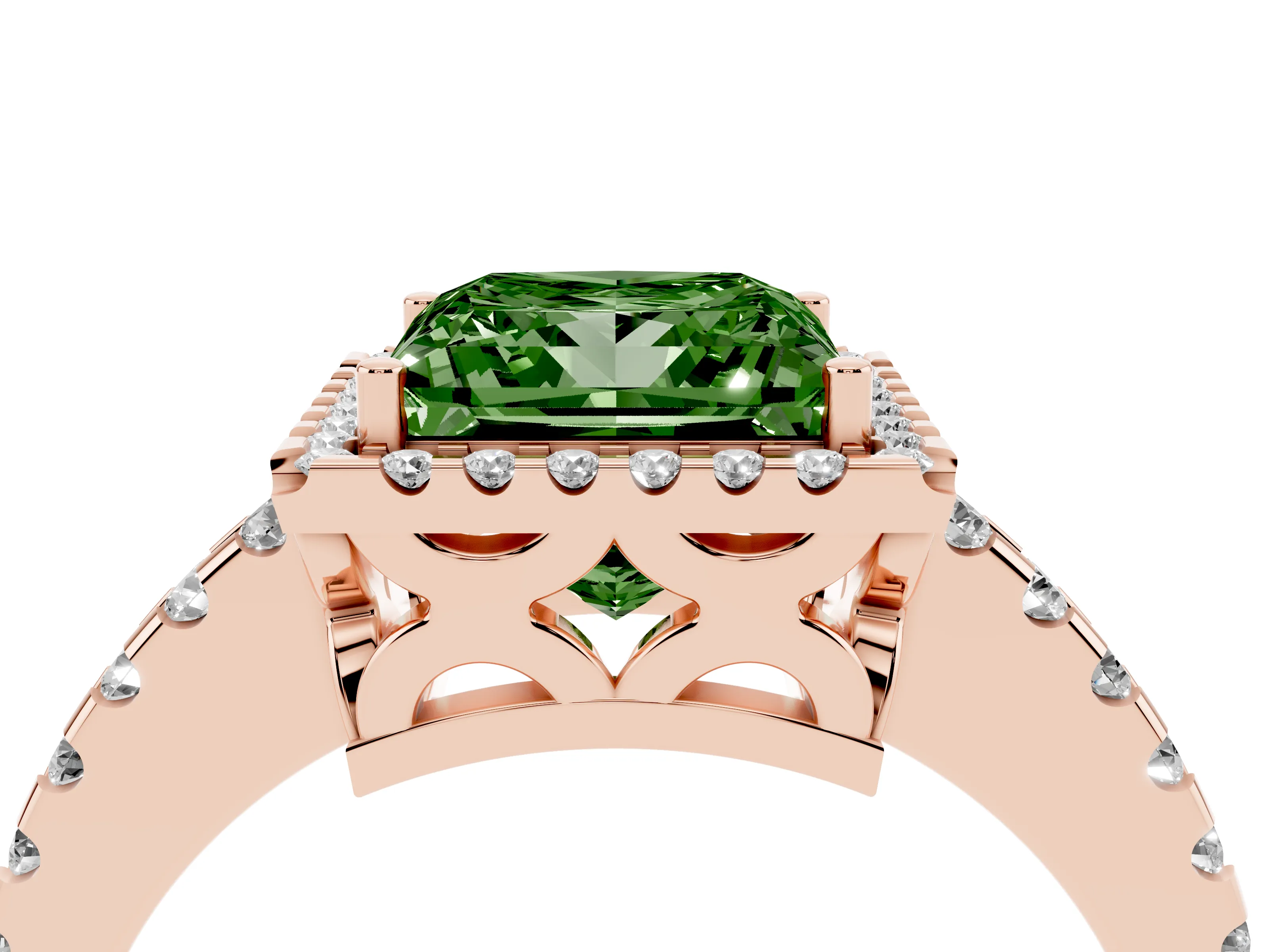 Fancy Green Princess Cut Diamond Halo Ring Set in Rose gold with Pavé Shoulders and Halo-Framed Center