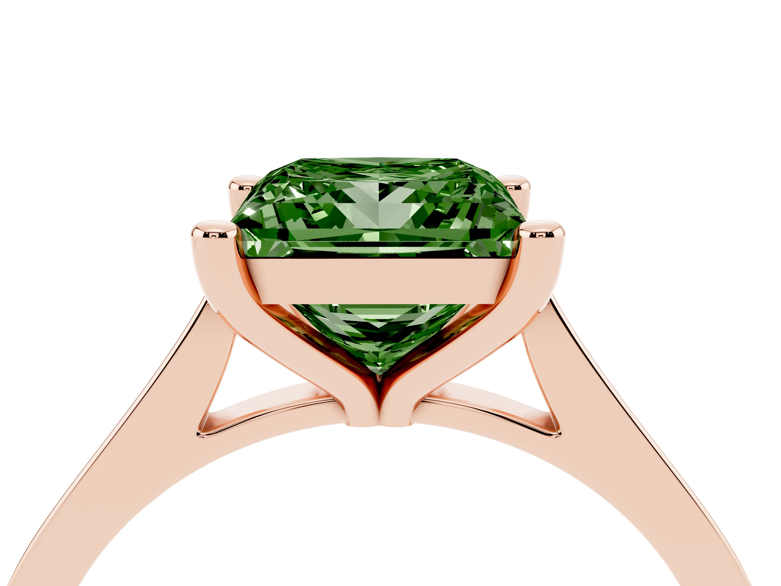 Fancy Green Princess Cut Diamond Solitaire Ring Set in Rose gold with Prong Setting and Tapered Band
