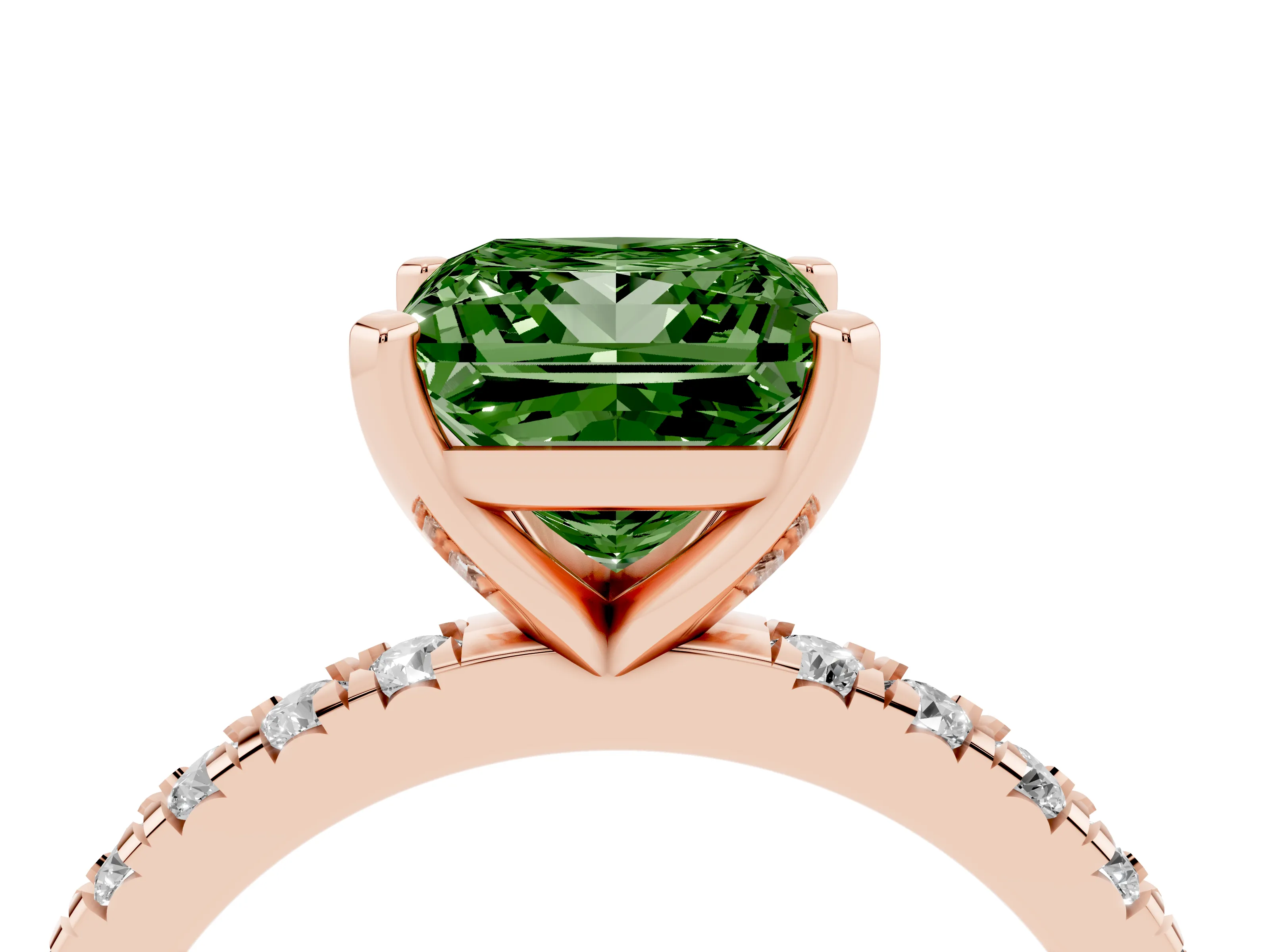 Fancy Green Princess Cut Diamond Pavé Band Solitaire Set in Rose gold with Prong Setting