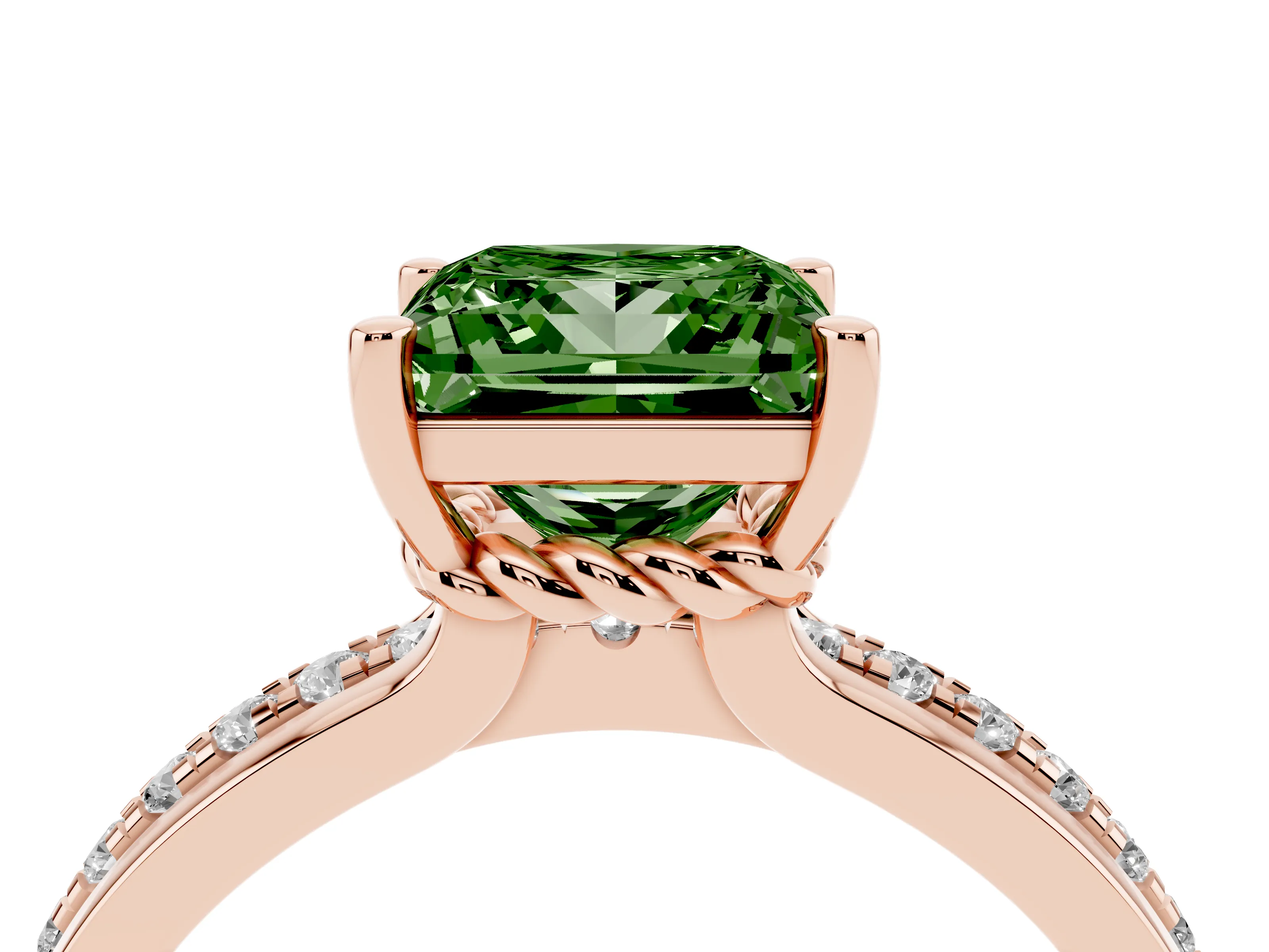 Fancy Green Princess Cut Diamond Solitaire Ring Set in Rose gold with Channel Set Band and Prong Setting