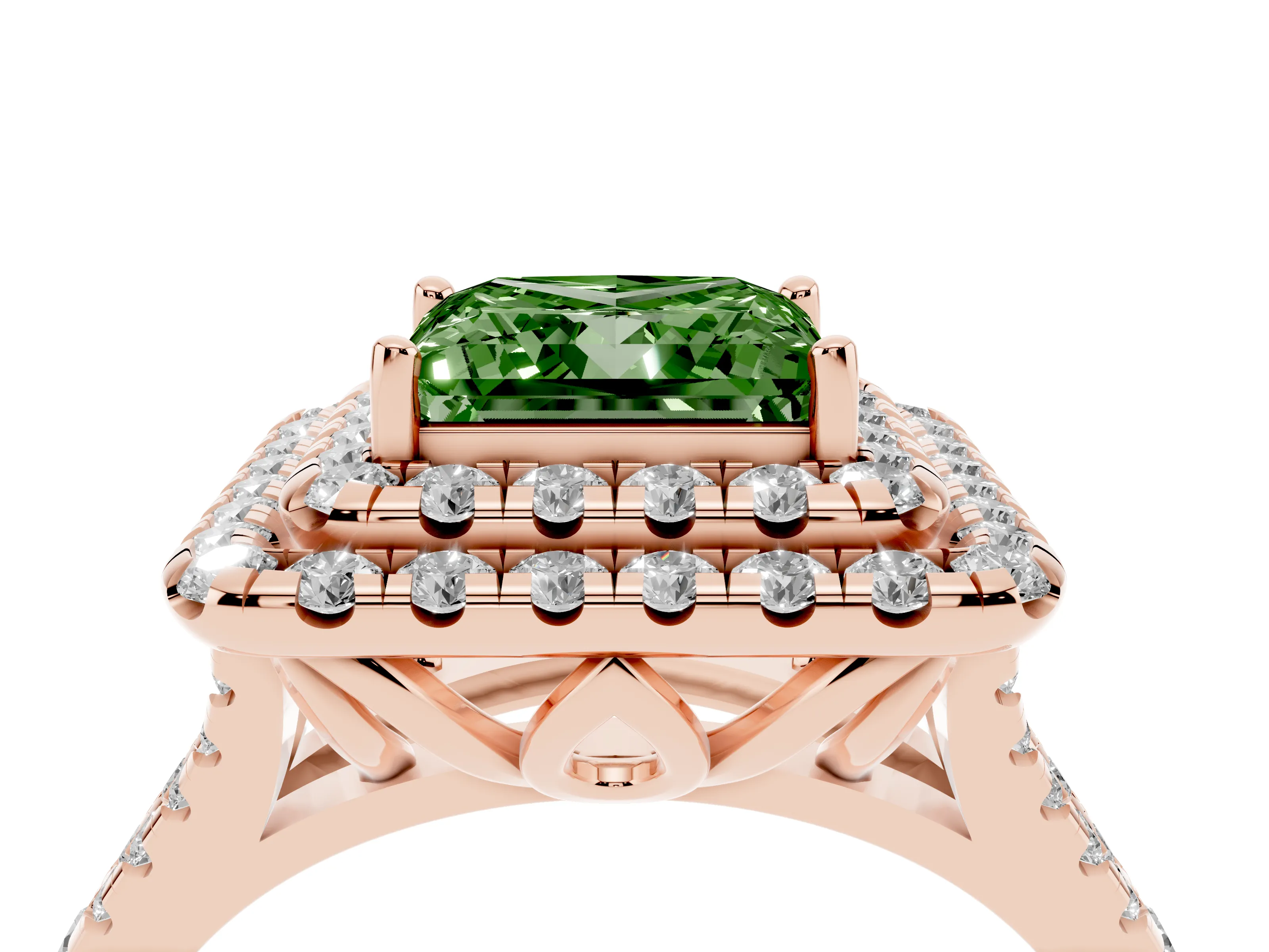 Fancy Green Princess Cut Diamond Double Halo Ring Set in Rose gold with Pavé Split Shank and Prong Setting