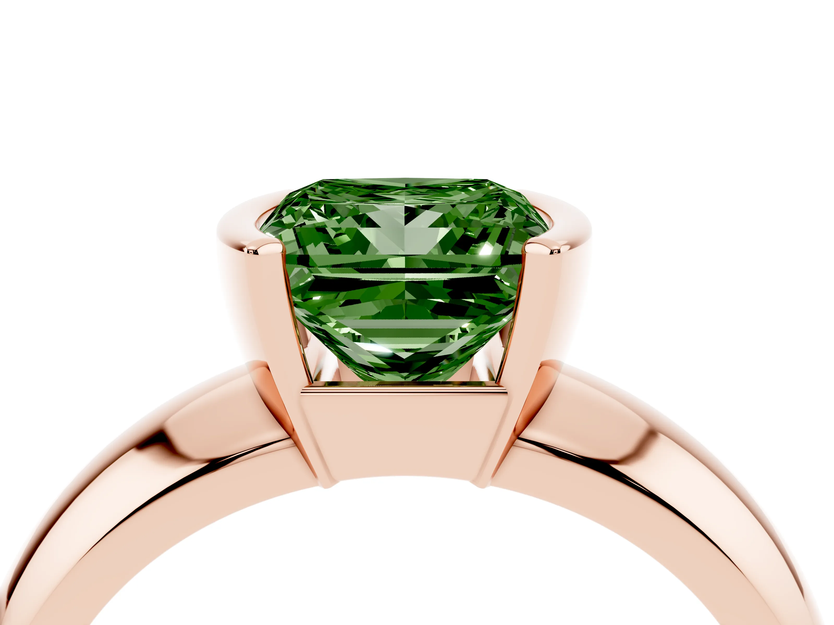 Fancy Green Princess Cut Diamond Solitaire Tension Set Ring Set in Rose gold with Wide Band
