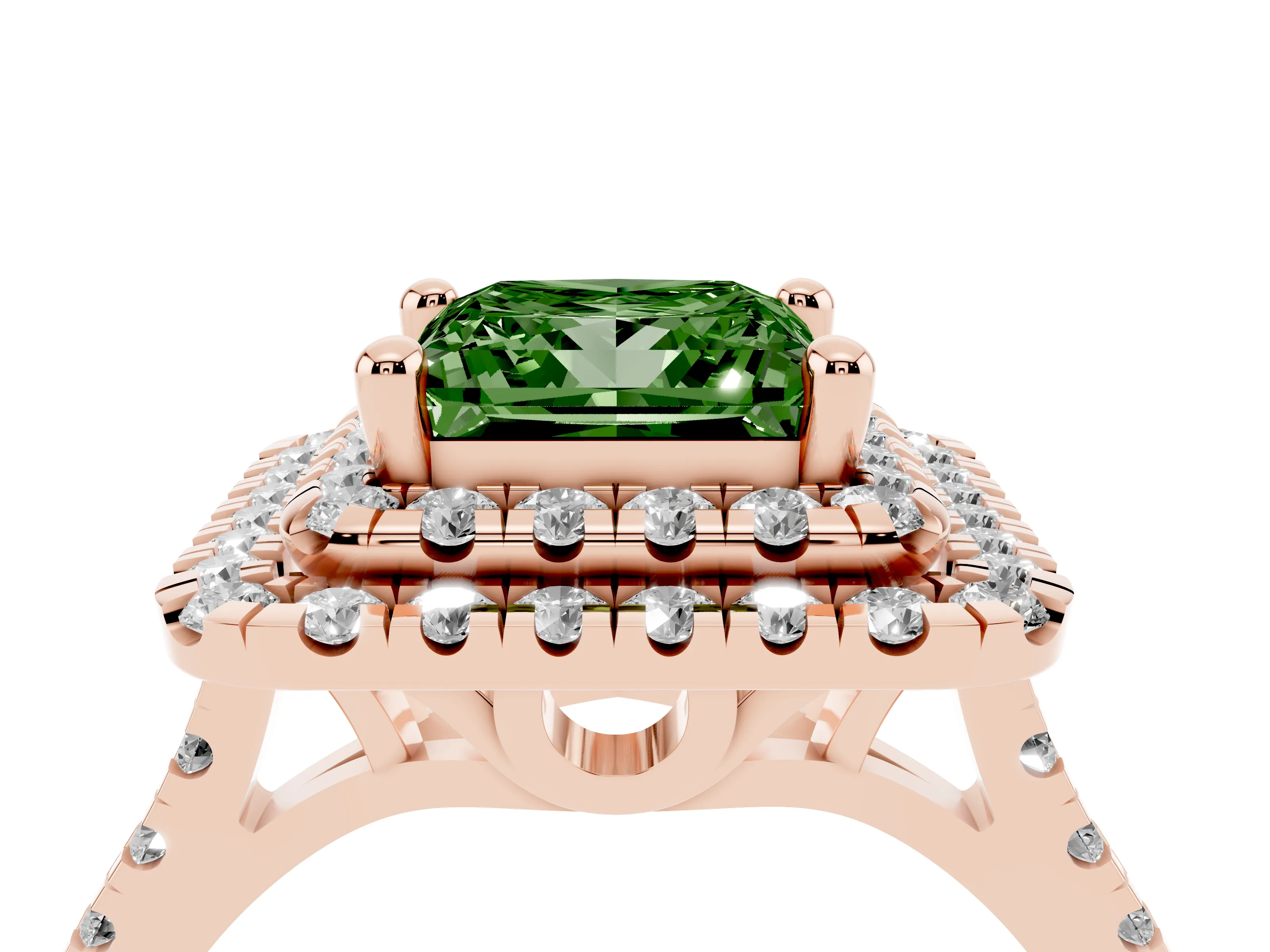 Fancy Green Princess Cut Diamond Double Halo Statement Ring Set in Rose gold with Pavé Band