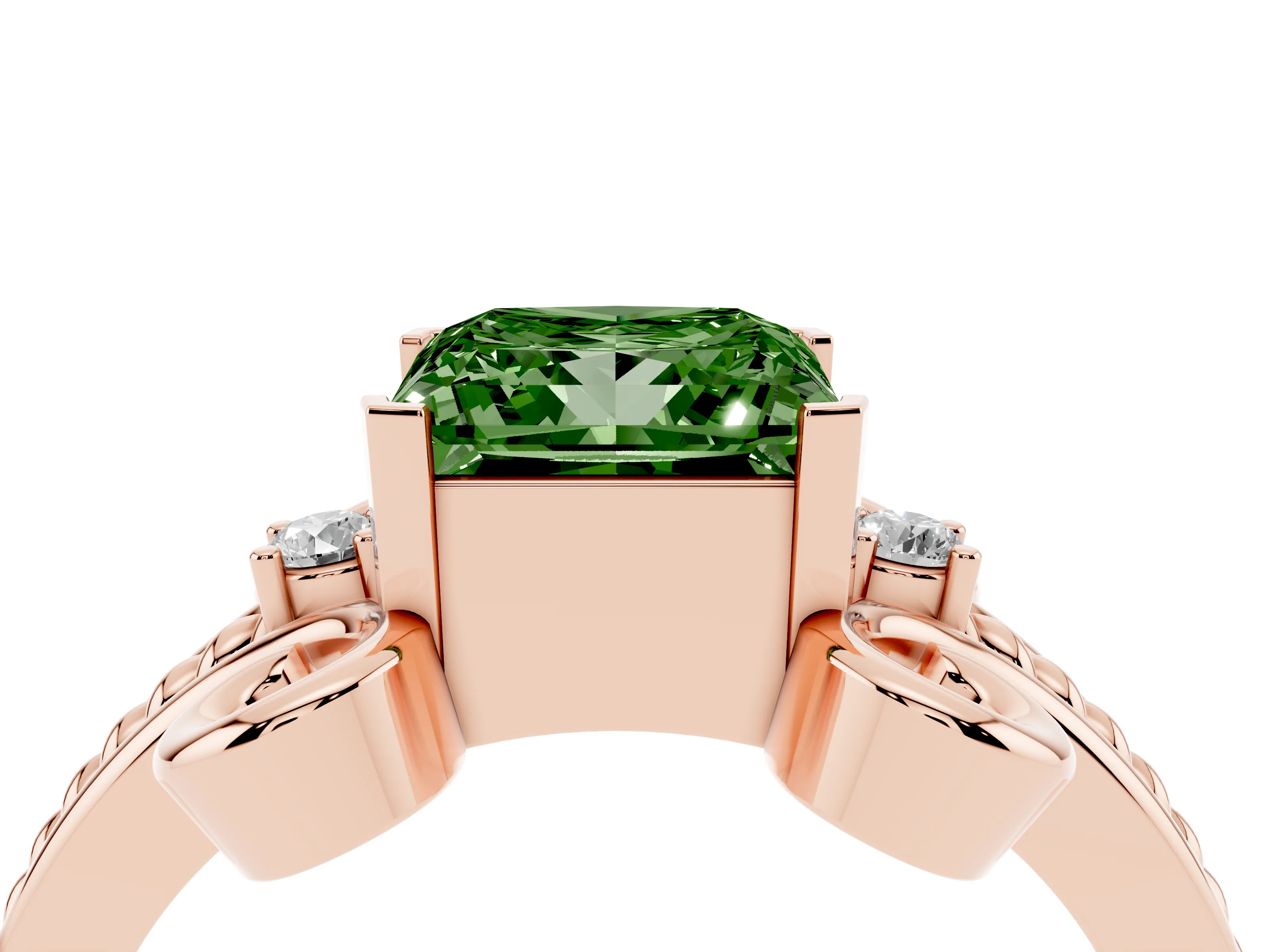 Fancy Green Princess Cut Diamond Twisted Band Solitaire Ring Set in Rose gold with Scroll Prongs