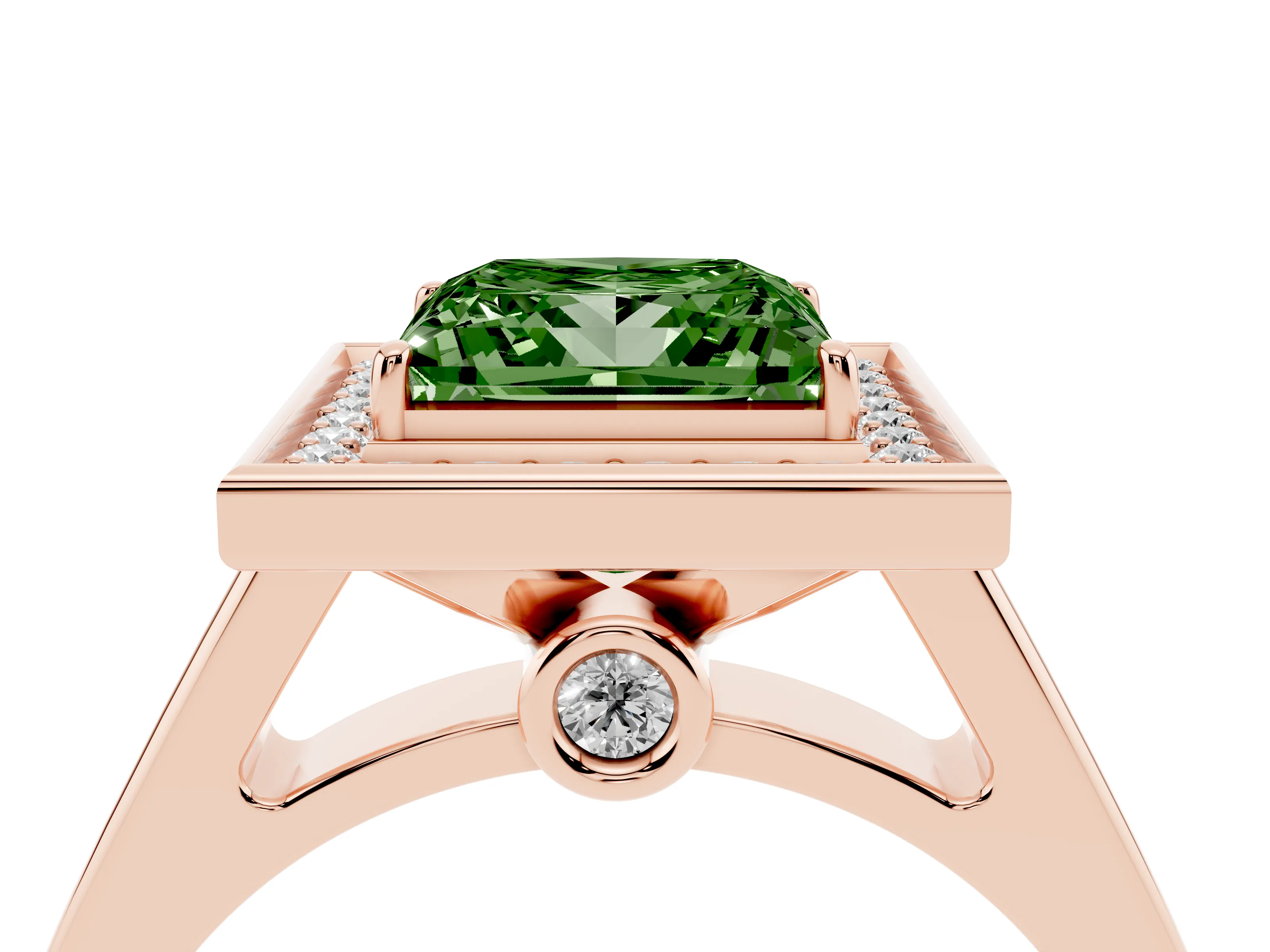 Fancy Green Princess Cut Diamond Halo Solitaire Ring Set in Rose gold with Pavé Band and Bezel Setting