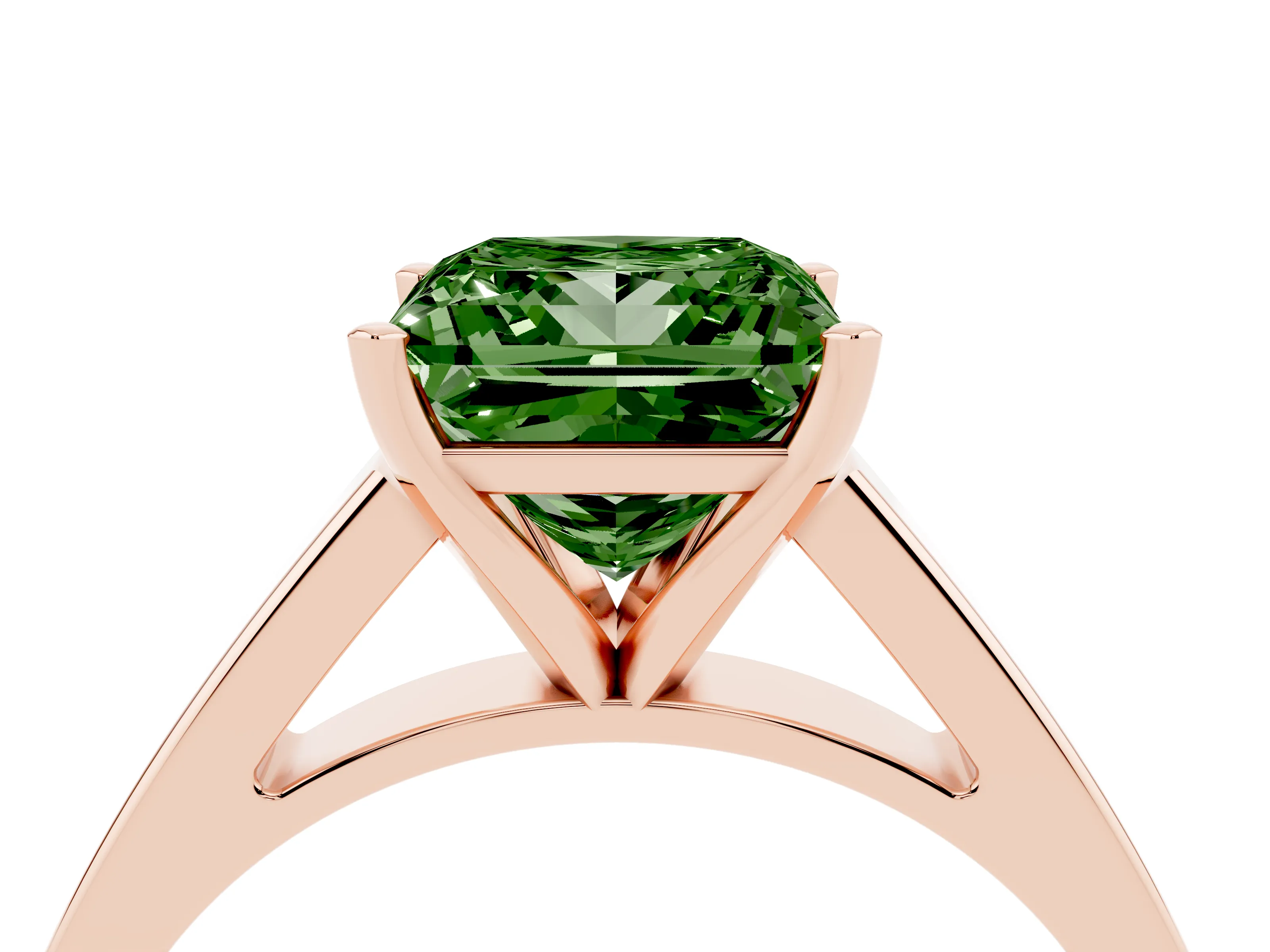 Fancy Green Princess Cut Diamond Solitaire Engagement Ring Set in Rose gold with Prong Setting and Tapered Band