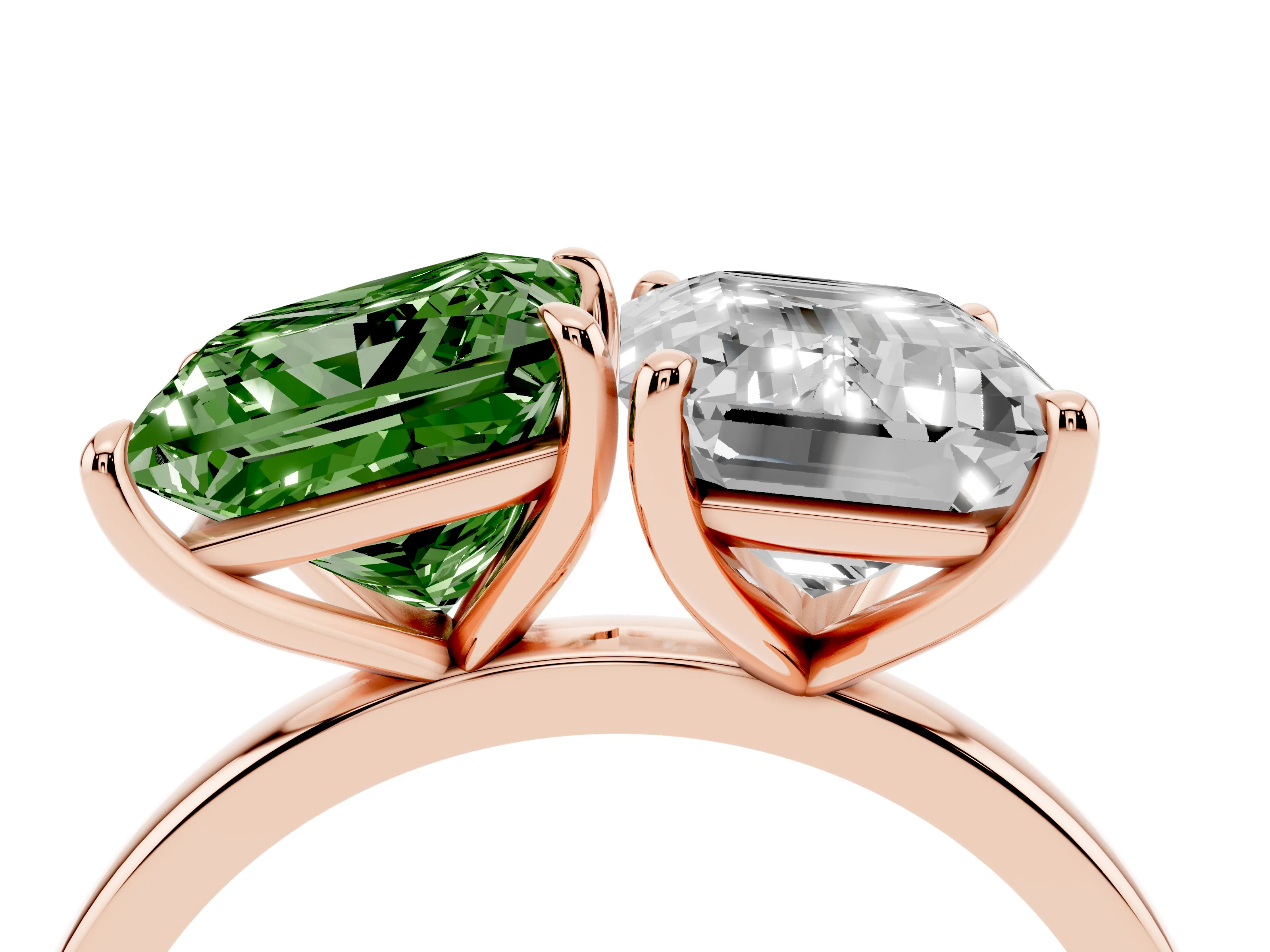 Fancy Green Princess Cut and Emerald Cut Toi Moi Ring Set in Rose gold with Prong Setting