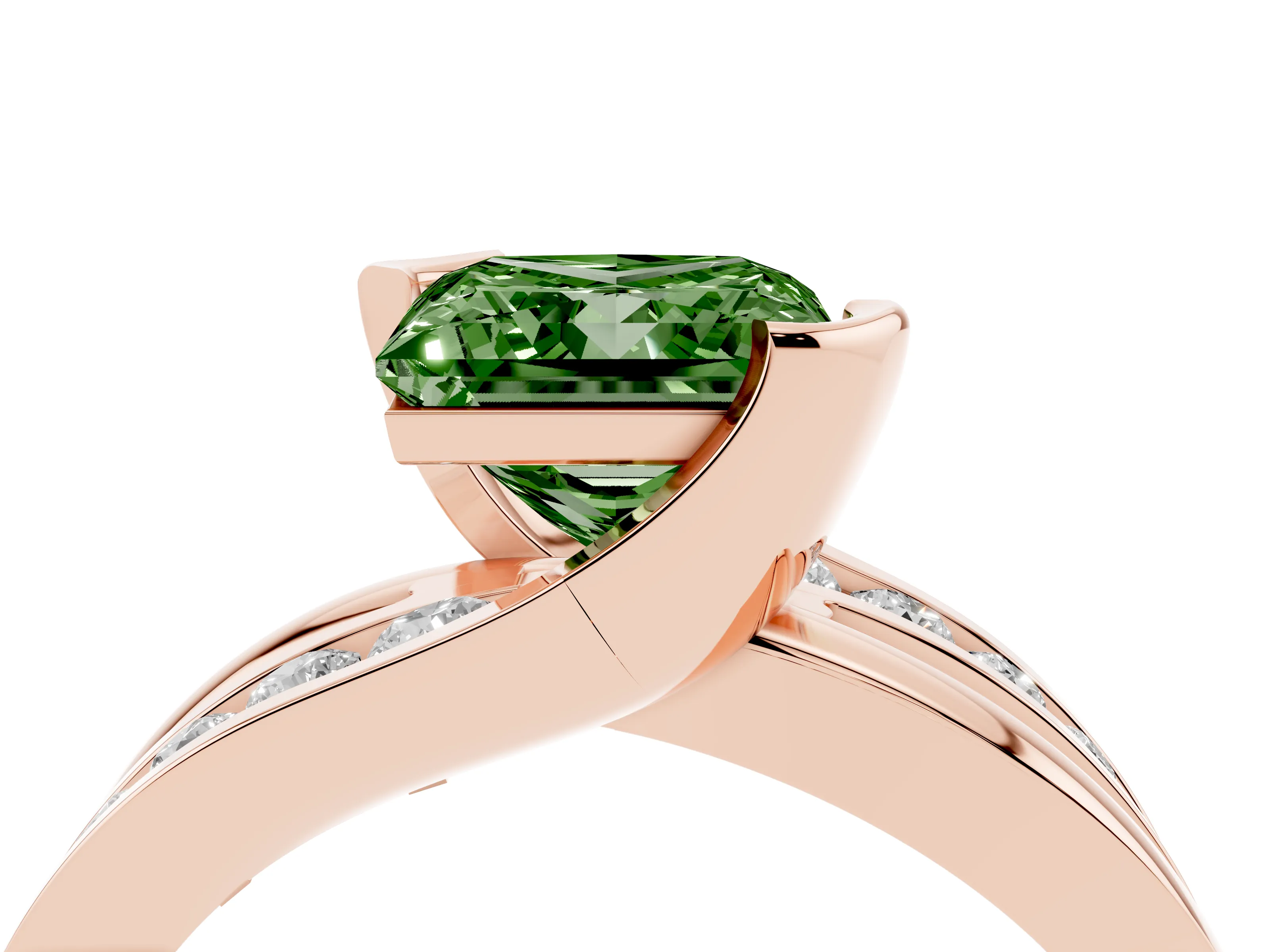 Fancy Green Princess Cut Diamond Solitaire Ring Set in Rose gold with Channel Set Split Shank and Tension Prongs